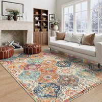 Lahome Moroccan 5x8 Area Rug Ultra-Thin Washable Rugs for Living Room Bedroom Soft Large Oriental Non-Slip Non Shedding Throw Large Carpet for Dining Room Office Elise Cream/Multi