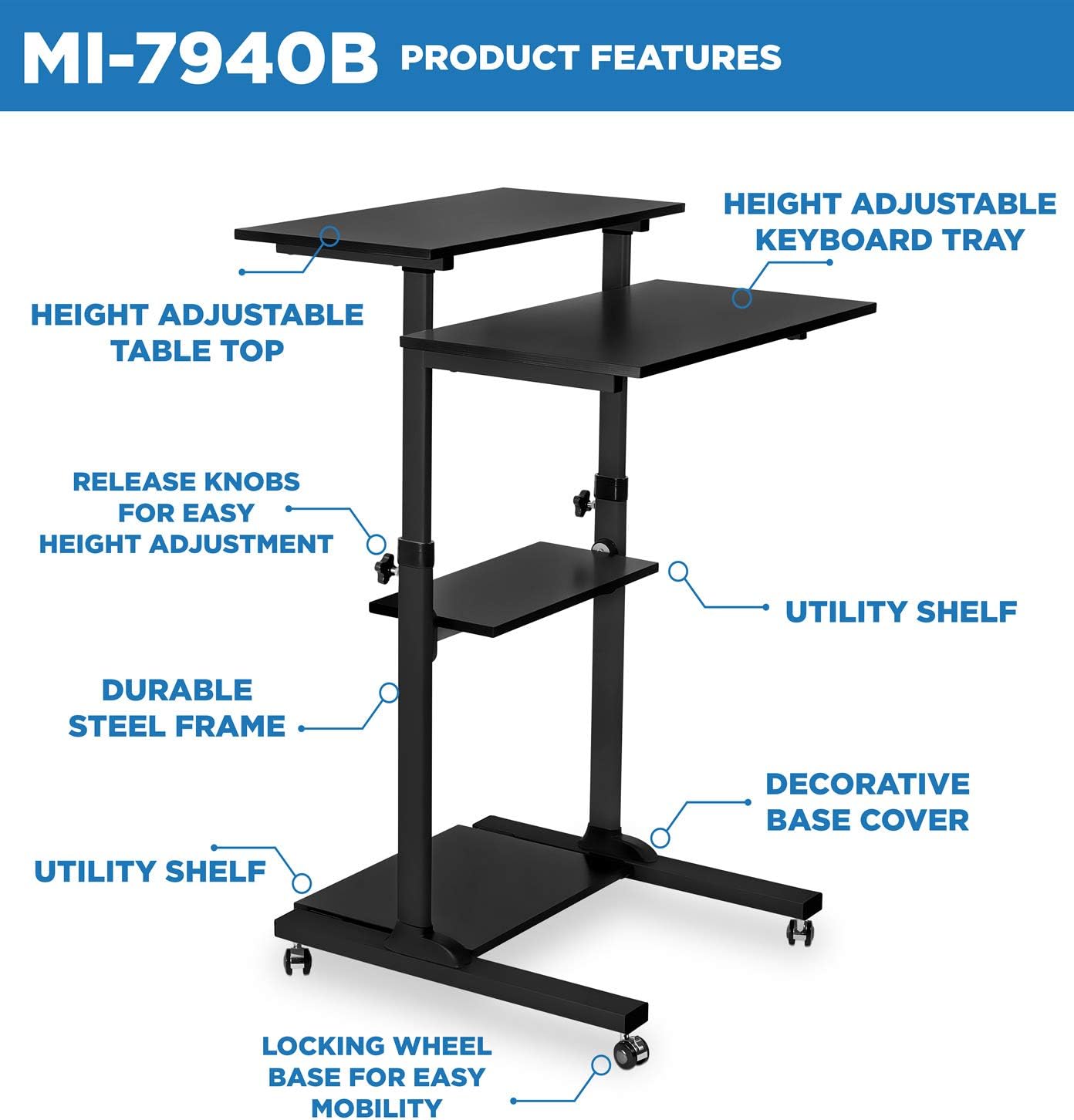 Mount-It! Black Rolling Standing Desk