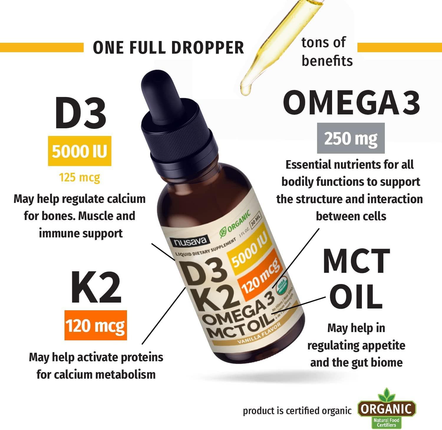 Organic Vitamin D3 K2 Drops with MCT Oil Omega 3