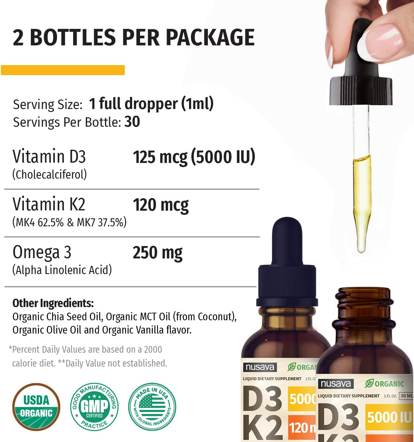 Organic Vitamin D3 K2 Drops with MCT Oil Omega 3