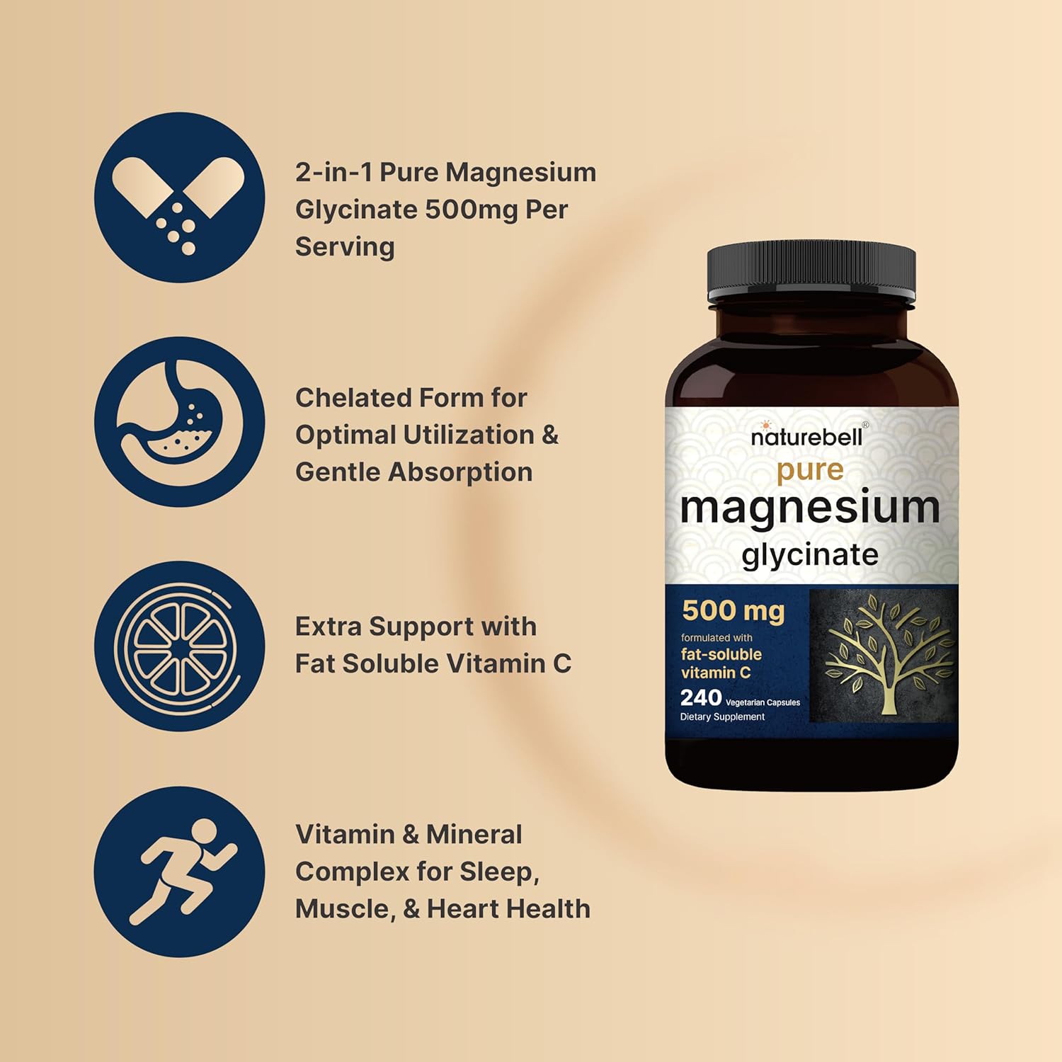 Pure Magnesium Glycinate 500mg with Fat Soluble Vitamin C