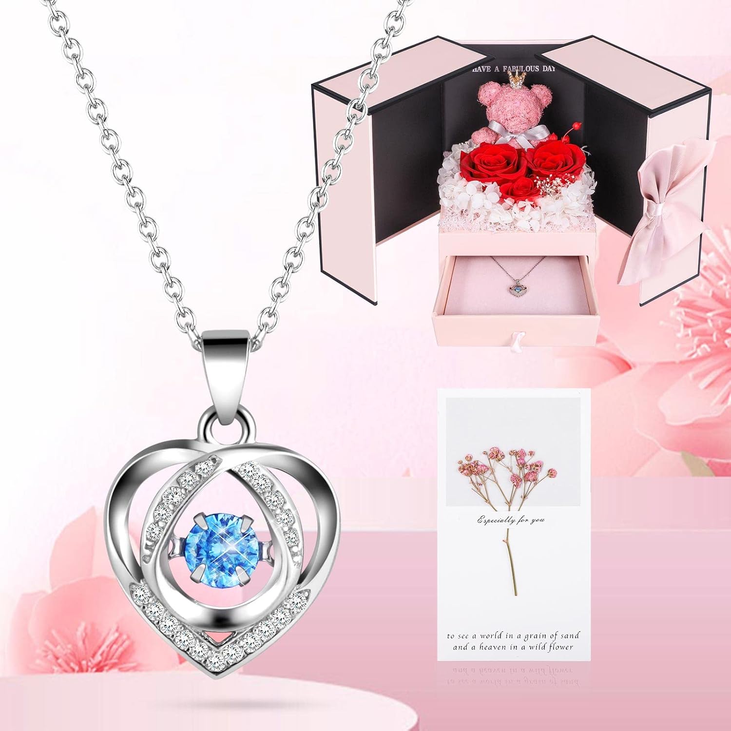 ADDWel Preserved Real Red Rose with Sterling Silver Necklace Gift Set