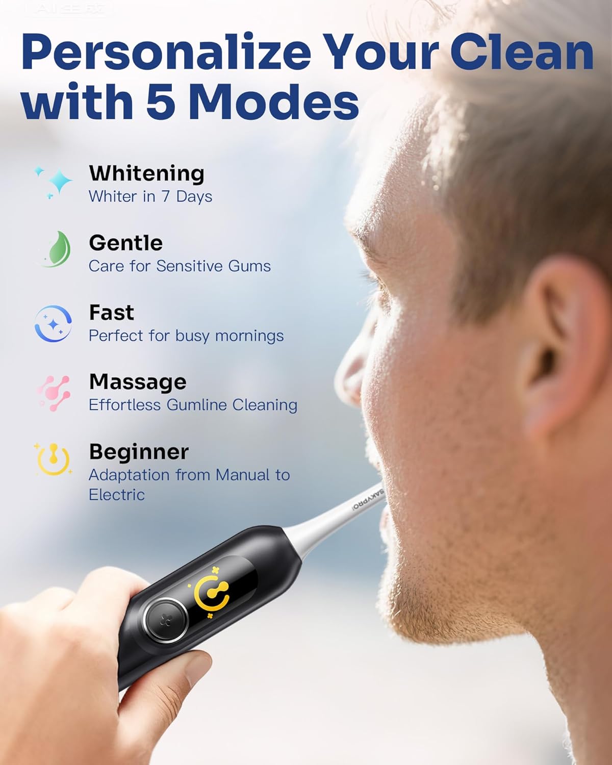 AI Electric Toothbrush w/ 6 Brush Heads By SAKYPRORAL