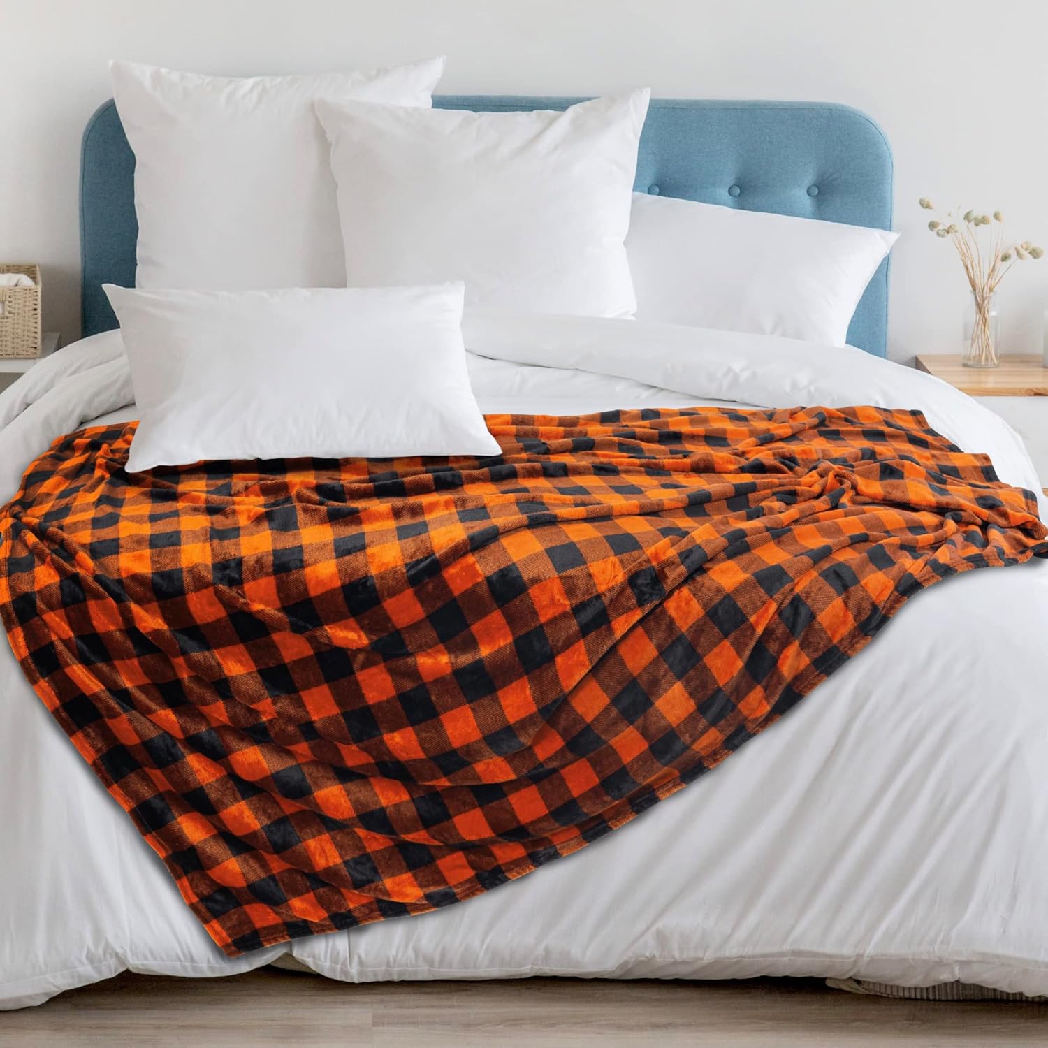 PAVILIA Black and Orange Buffalo Plaid Fleece Throw Blanket