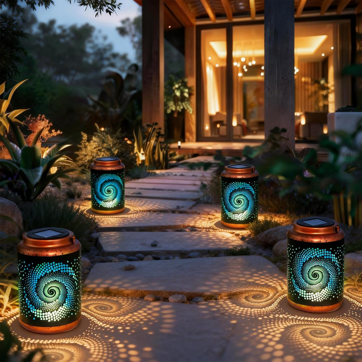 4 Pack Solar Lanterns Outdoor Hanging Metal Waterproof LED Lantern with Solar Powered