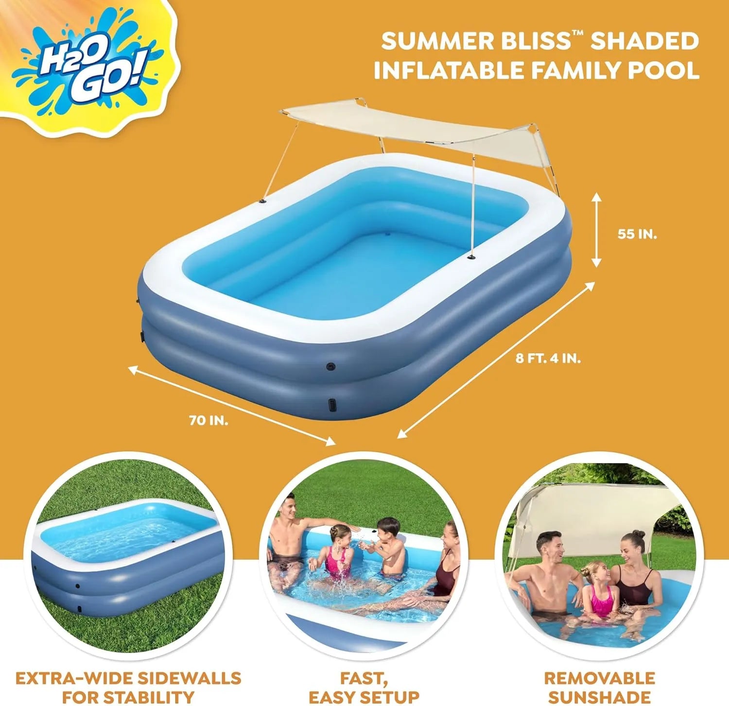 H2OGO! 8 Foot 4 Inch x 70 Inch Summer Bliss Shaded Inflatable Family Pool for Kids