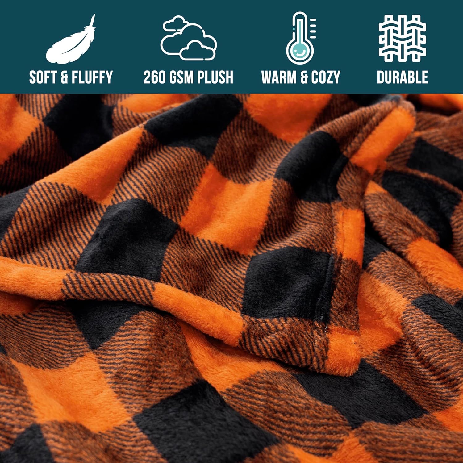 PAVILIA Black and Orange Buffalo Plaid Fleece Throw Blanket