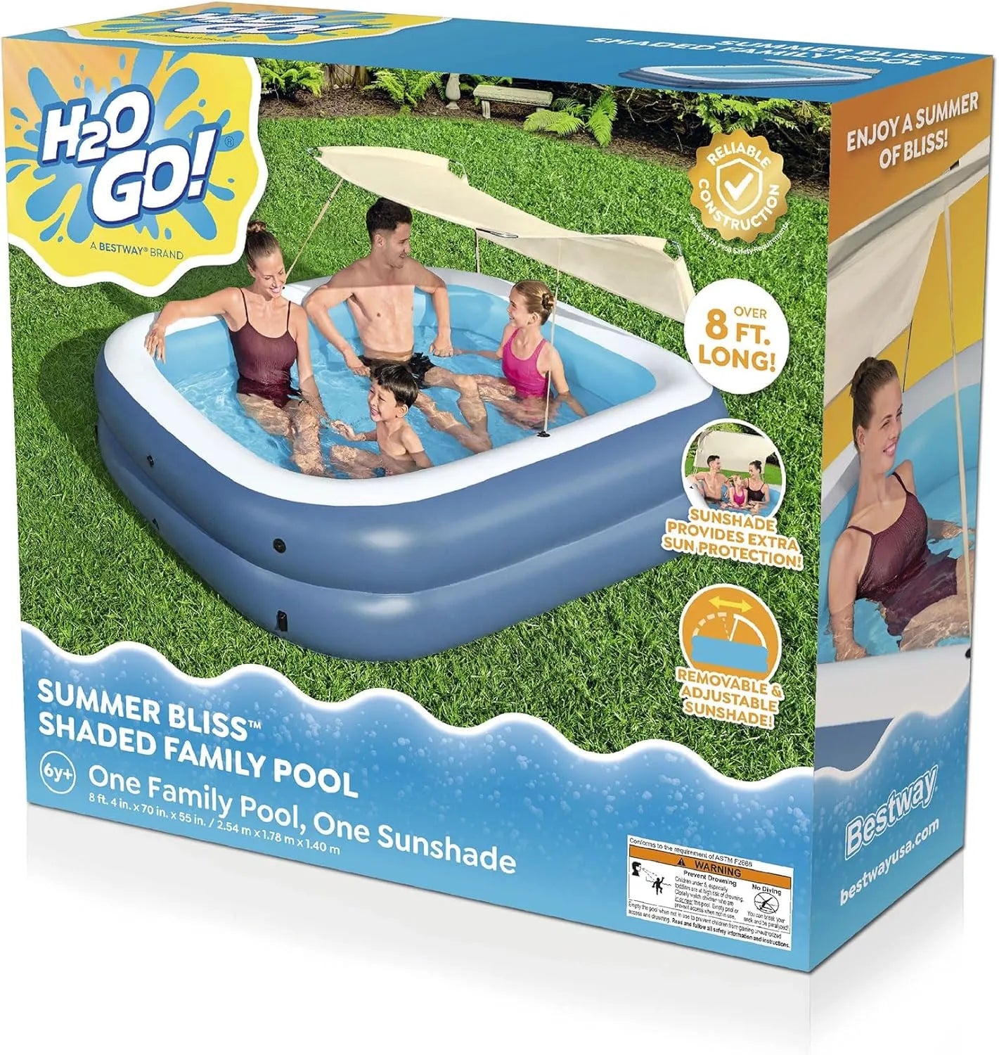 H2OGO! 8 Foot 4 Inch x 70 Inch Summer Bliss Shaded Inflatable Family Pool for Kids
