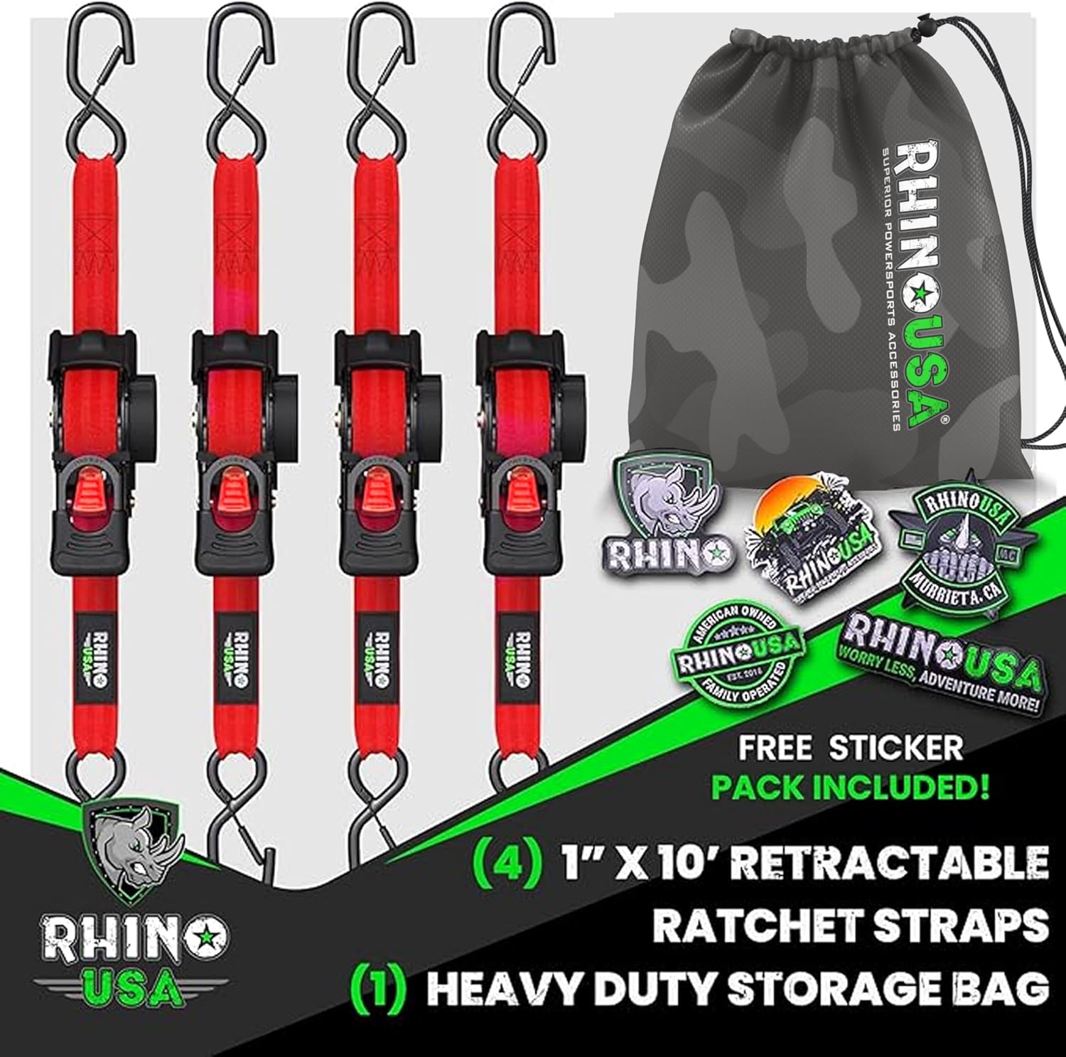 Rhino USA Retractable Ratchet Straps (4-Pack)