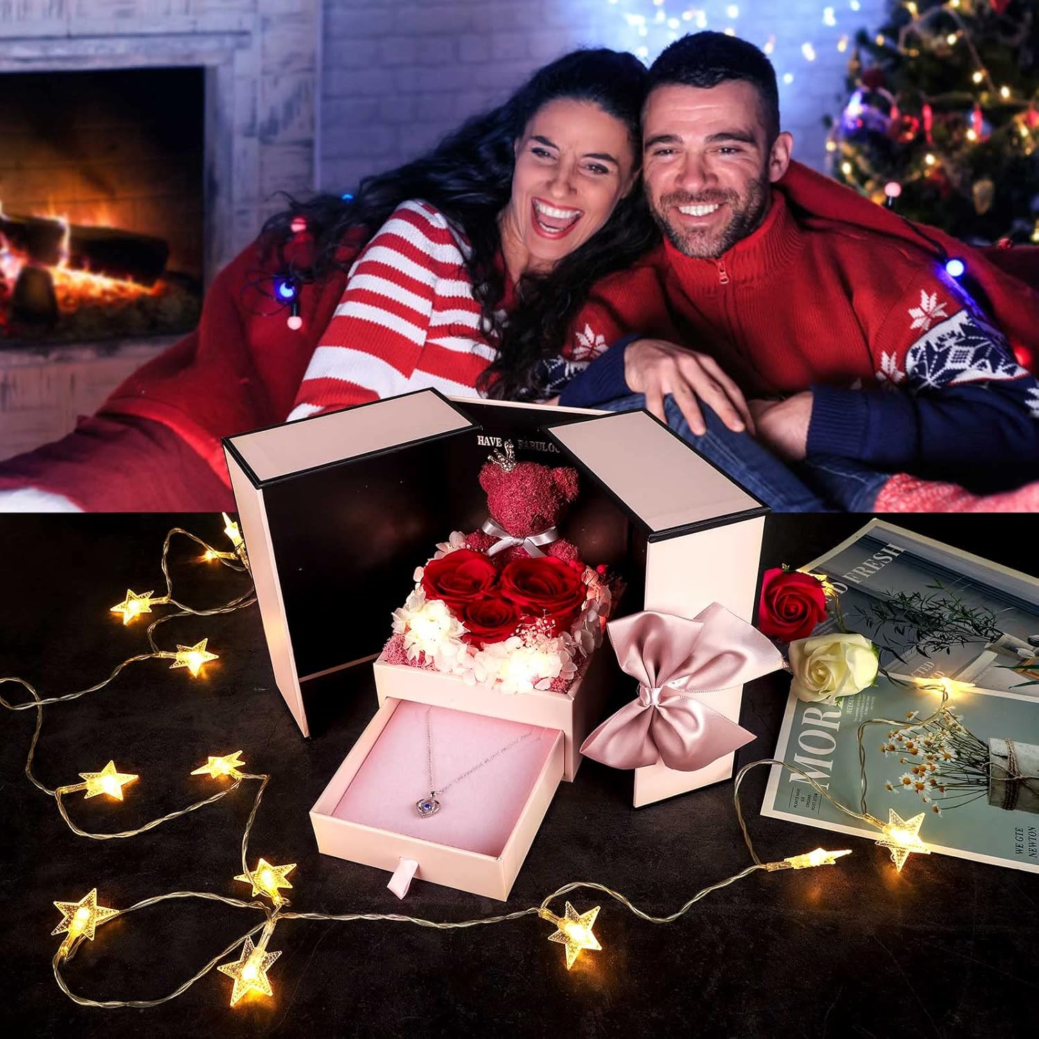 ADDWel Preserved Real Red Rose with Sterling Silver Necklace Gift Set