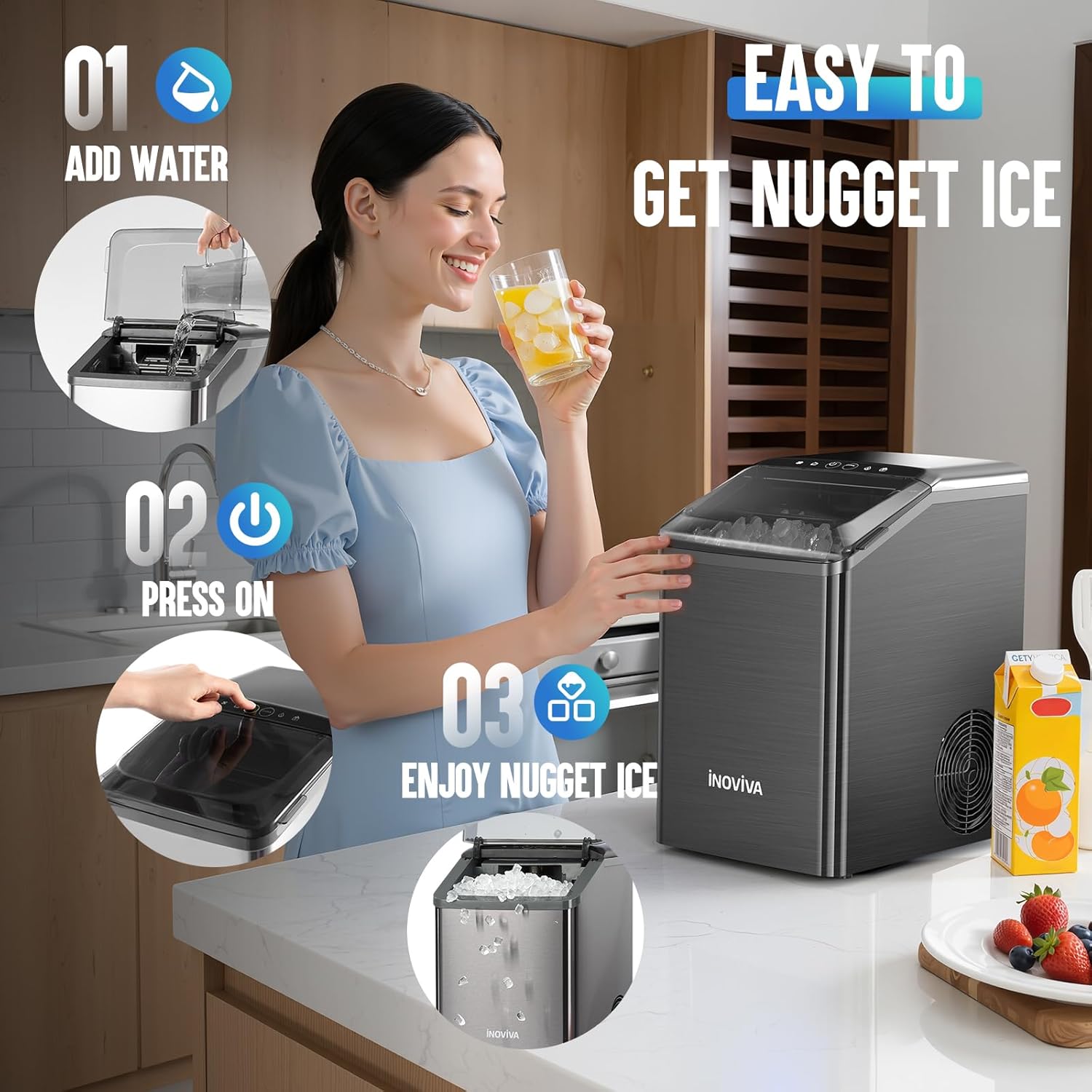 Inoviva Nugget Ice Maker Countertop, 40lbs/24H Soft Chewable Pellet Ice Machine