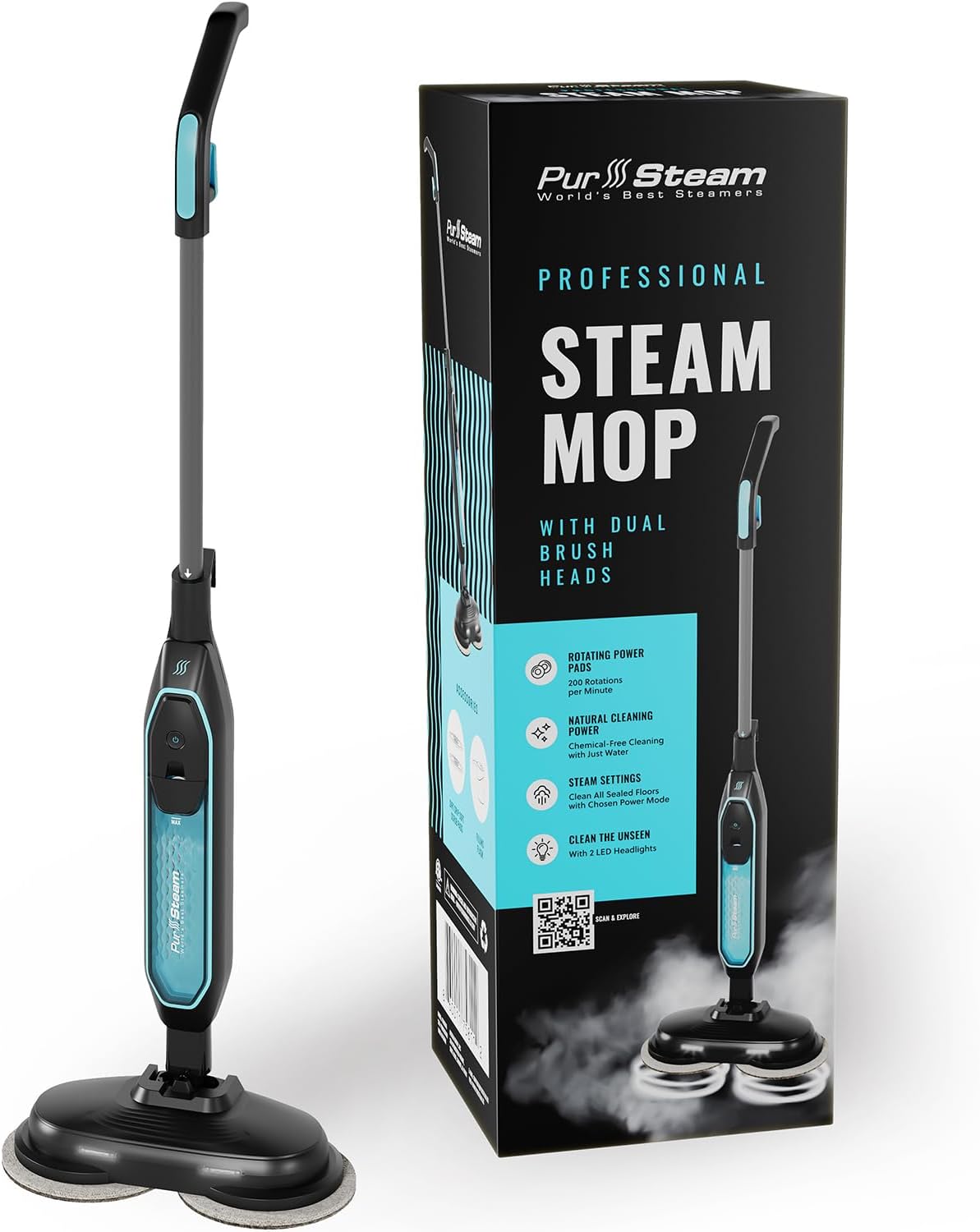 PurSteam ScrubMaster Steam Mop with Dual Scrubbing Head, Adjustable Steam Control