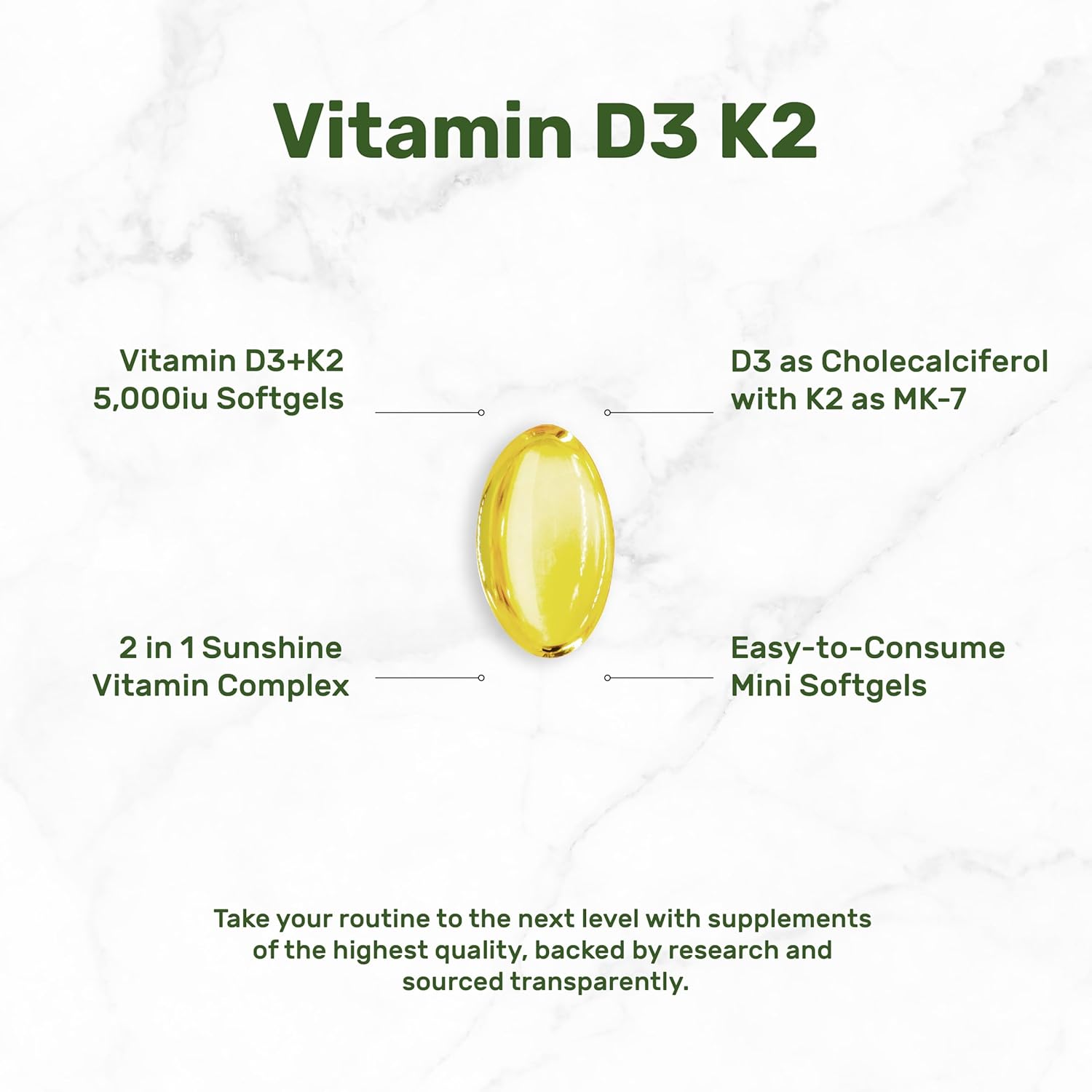 DEAL SUPPLEMENT Vitamin D3 5,000 IU + K2 MK7 Softgels, 250 Count | 2-in-1 Complex | Easy to Swallow