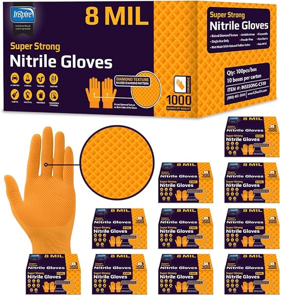 Inspire Heavy Duty Orange Nitrile Disposable Gloves