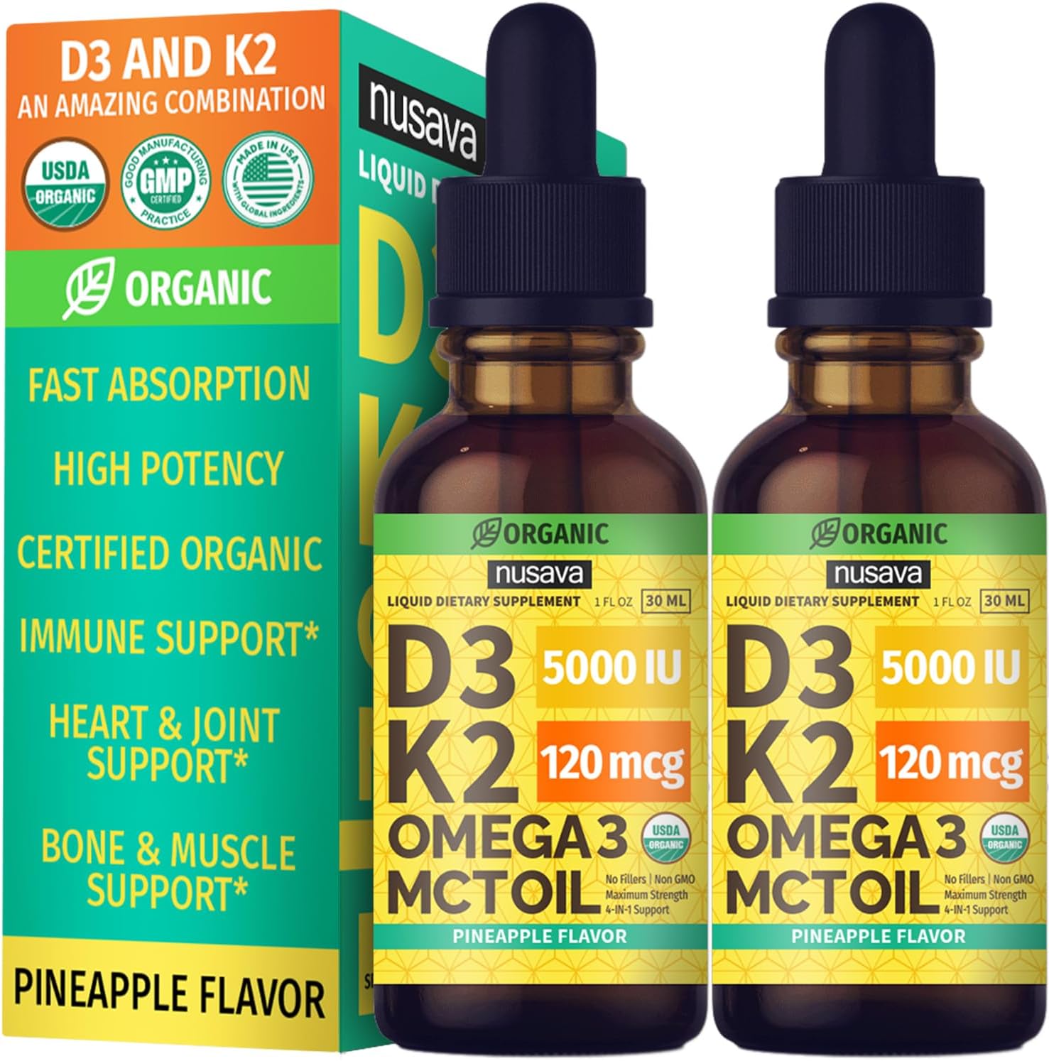 (2 Pack) Organic Vitamin D3 K2 Drops with MCT Oil Omega 3