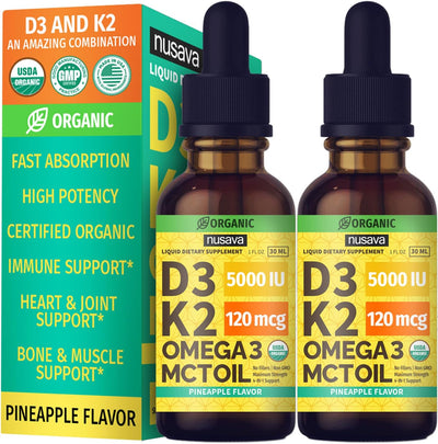 (2 Pack) Organic Vitamin D3 K2 Drops with MCT Oil Omega 3