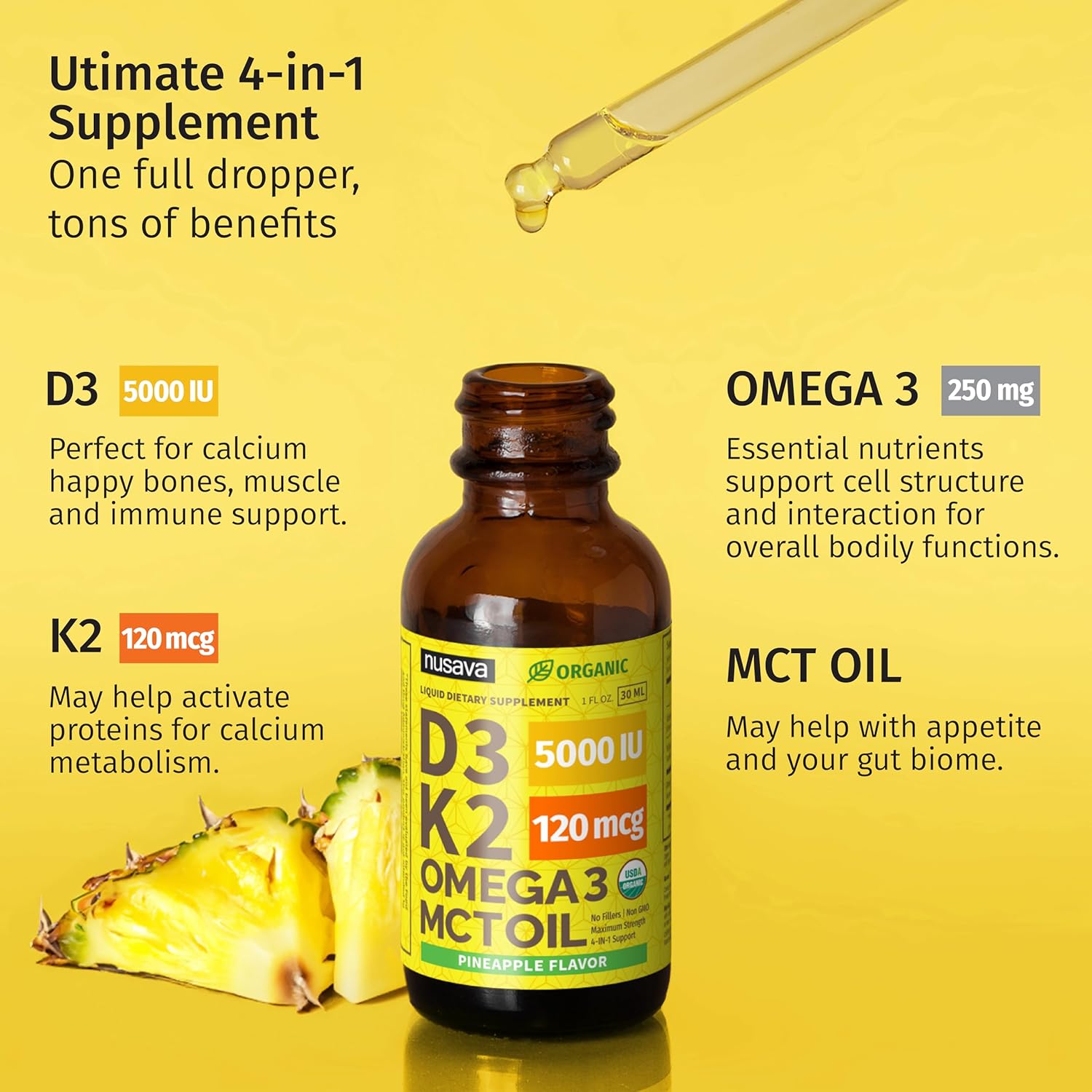 (2 Pack) Organic Vitamin D3 K2 Drops with MCT Oil Omega 3