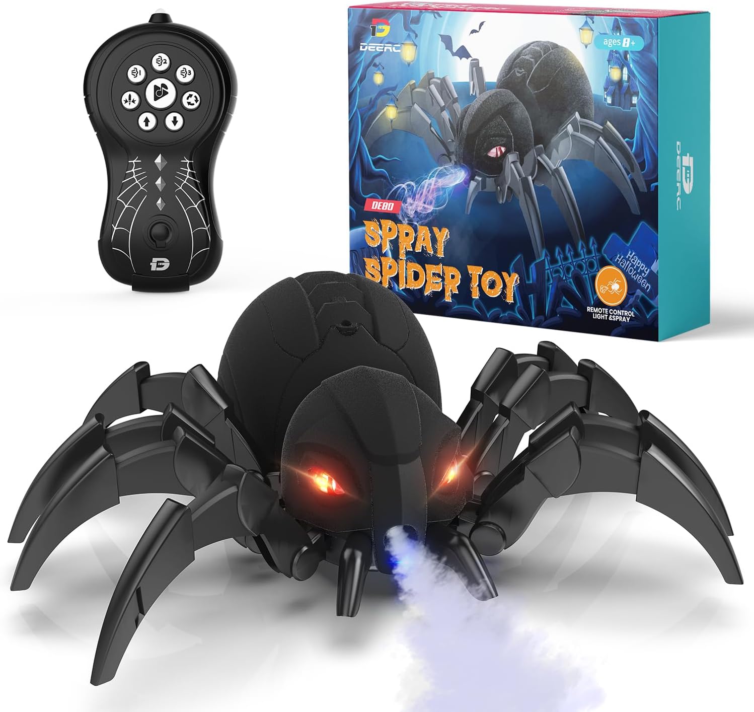 DEERC Remote Control Spider Toy with Spray & Lights, Black Widow RC Robot