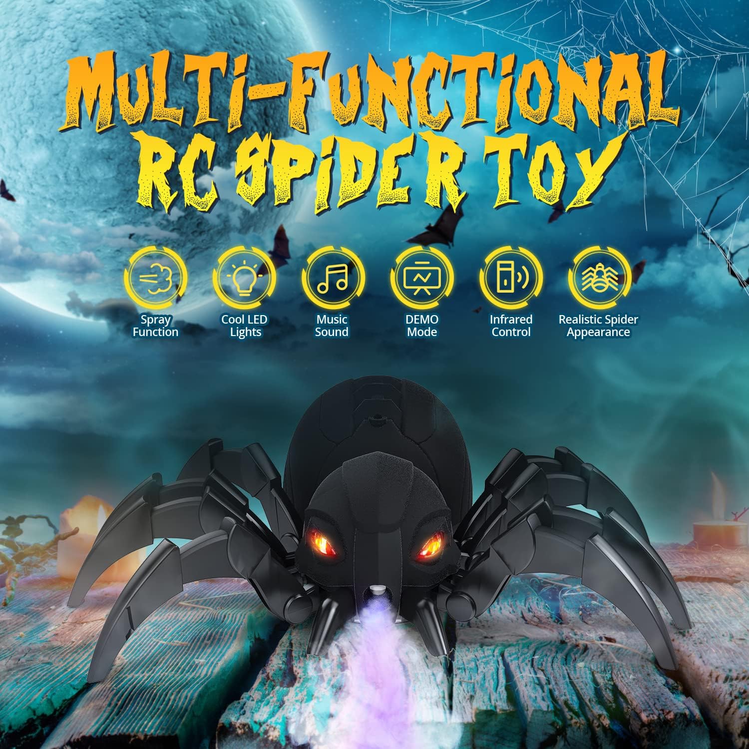 DEERC Remote Control Spider Toy with Spray & Lights, Black Widow RC Robot