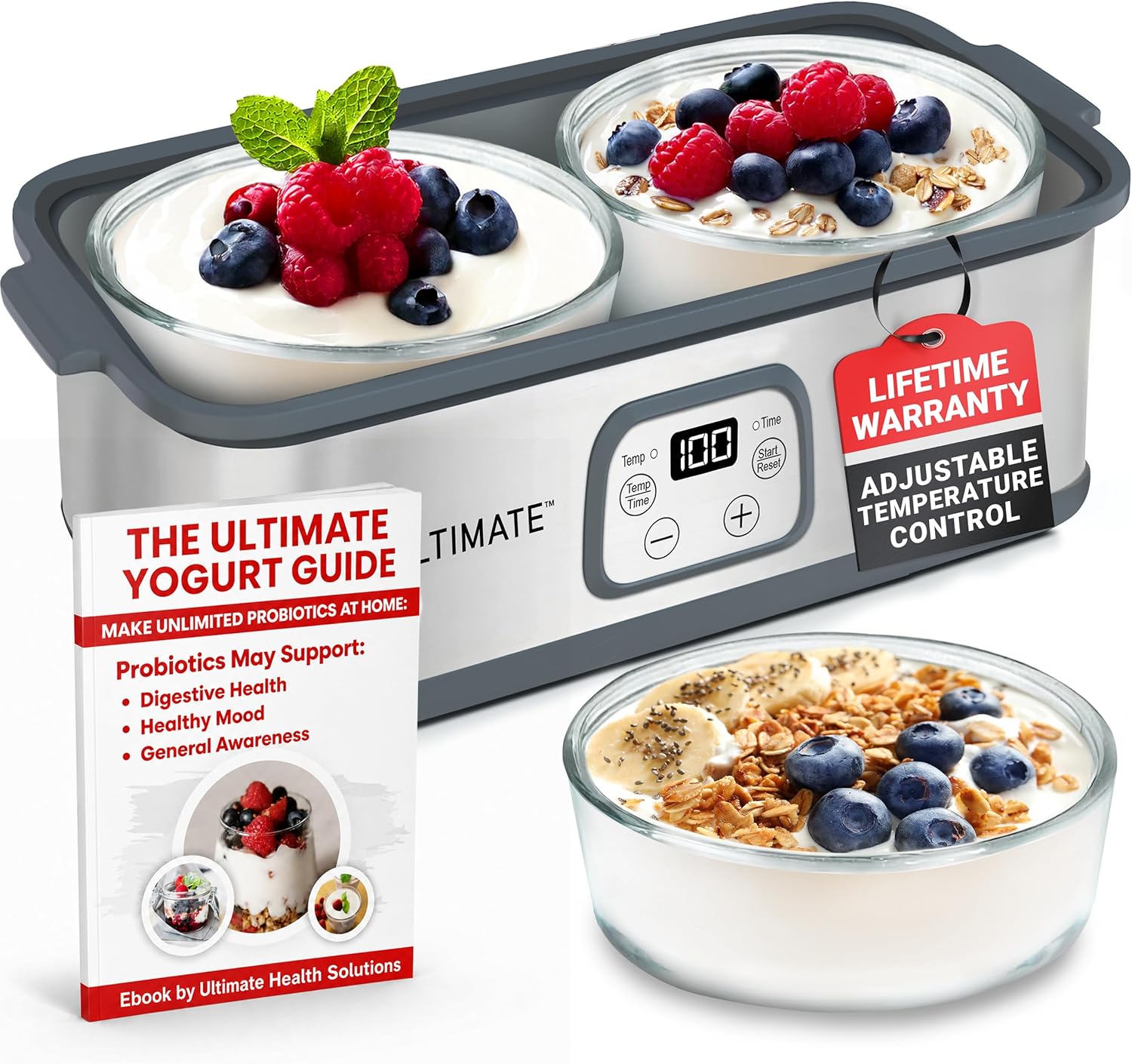 Ultimate Probiotic Yogurt Maker with Adjustable Time & Temperature Control, Make Trillions of Probiotics for Better Gut Health