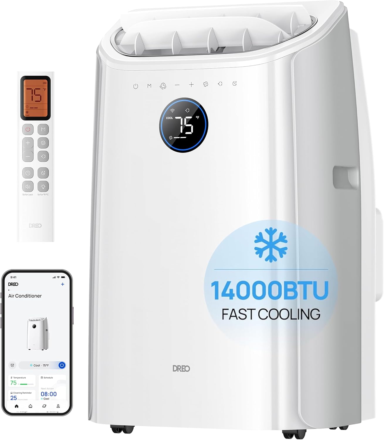 DREO Portable Air Conditioner 516S, 14000 BTU ASHRAE (10000 BTU DOE) Smart AC Unit for Bedroom with Drainage-free Cooling, Fan&Dehumidifier 3 in 1, APP/Voice/Remote, Quiet Standing AC for Ro