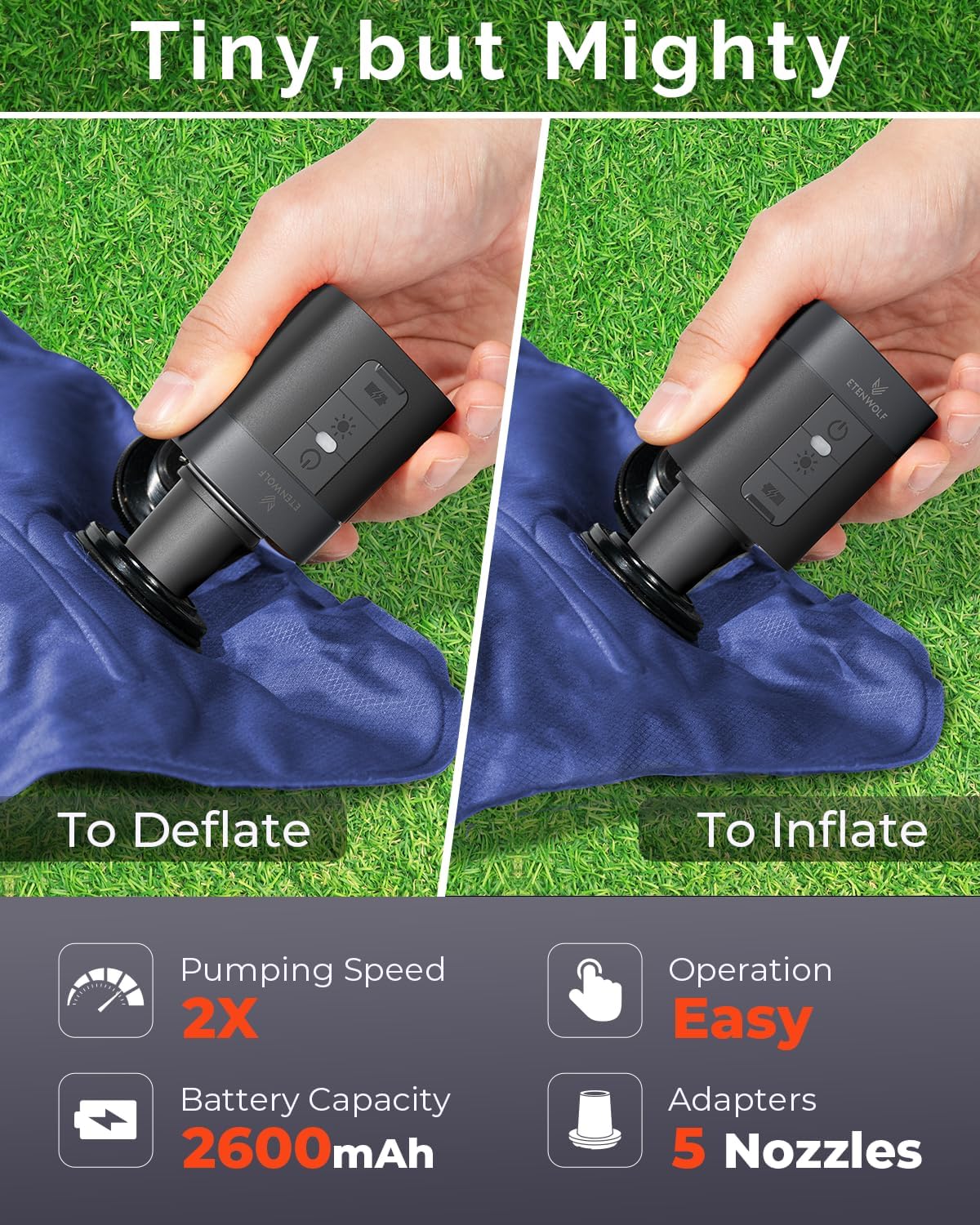 ETENWOLF AIR 3 Air Pump for Inflatables with 2600 mAh Battery & Camping Light Ultra-Fast and Mini Electric Air Pump Inflate Deflate for Air Mattress Pool Floats Vacuum Storage Bags (Black)