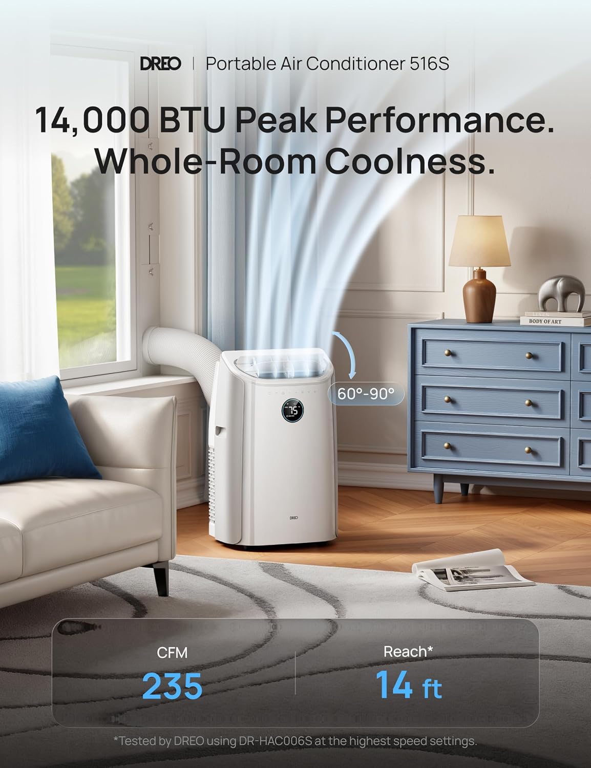 DREO Portable Air Conditioner 516S, 14000 BTU ASHRAE (10000 BTU DOE) Smart AC Unit for Bedroom with Drainage-free Cooling, Fan&Dehumidifier 3 in 1, APP/Voice/Remote, Quiet Standing AC for Ro