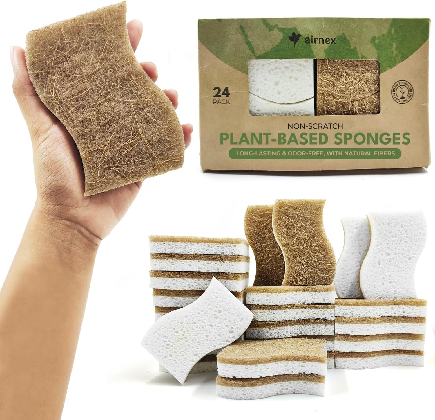 AIRNEX Natural Kitchen Sponges (24 Pack) - Biodegradable Cellulose & Coconut Scrubber Dish Sponges for Kitchen - Eco-Friendly Non Scratch Compostable Non Toxic S-Shaped Natural Sponges for Dishes