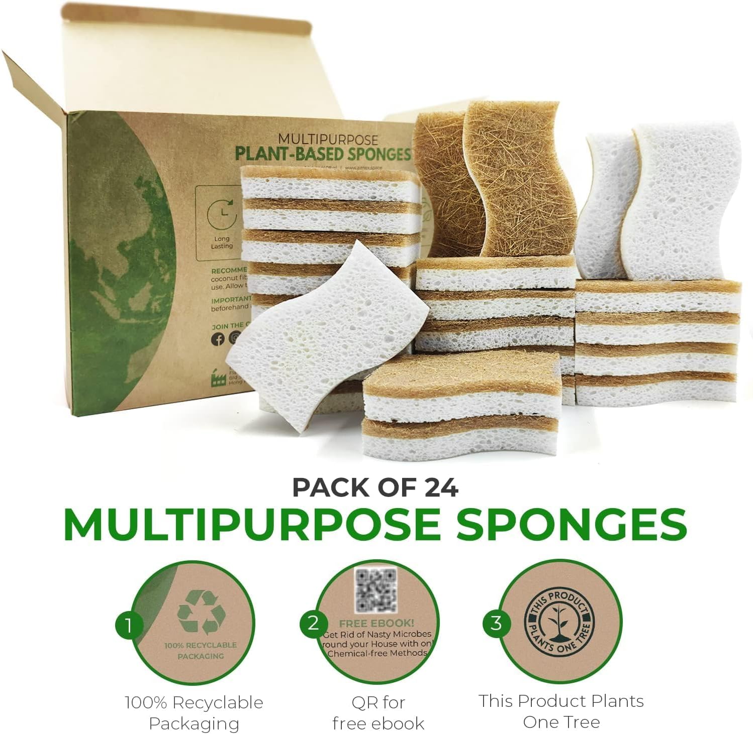 AIRNEX Natural Kitchen Sponges (24 Pack) - Biodegradable Cellulose & Coconut Scrubber Dish Sponges for Kitchen - Eco-Friendly Non Scratch Compostable Non Toxic S-Shaped Natural Sponges for Dishes