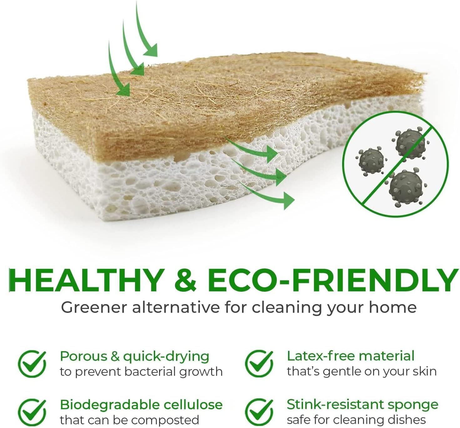 AIRNEX Natural Kitchen Sponges (24 Pack) - Biodegradable Cellulose & Coconut Scrubber Dish Sponges for Kitchen - Eco-Friendly Non Scratch Compostable Non Toxic S-Shaped Natural Sponges for Dishes