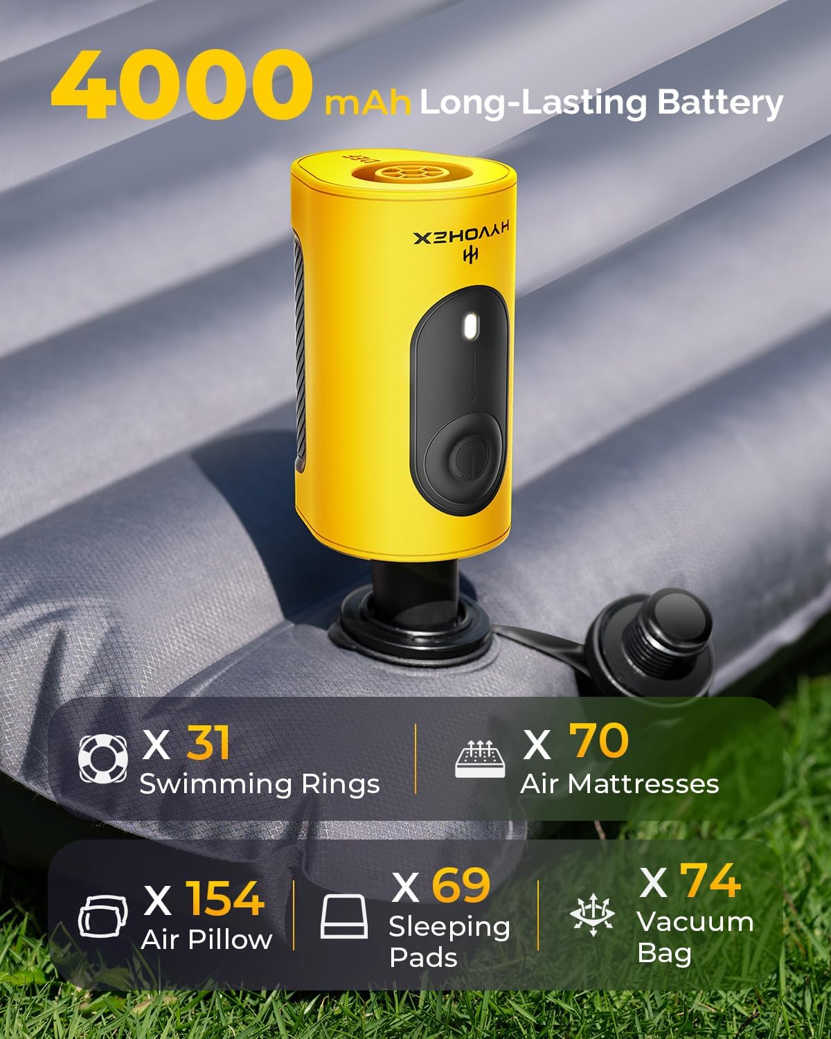 Portable Air Pump for Inflatables 4000mAh Ultra Fast Air Mattress Pump with Advanced Heat Dissipation 3 Nozzles Electric Air Pump Inflate Deflate for Sleeping Pads Pool Floats Vacuum Storage Bag