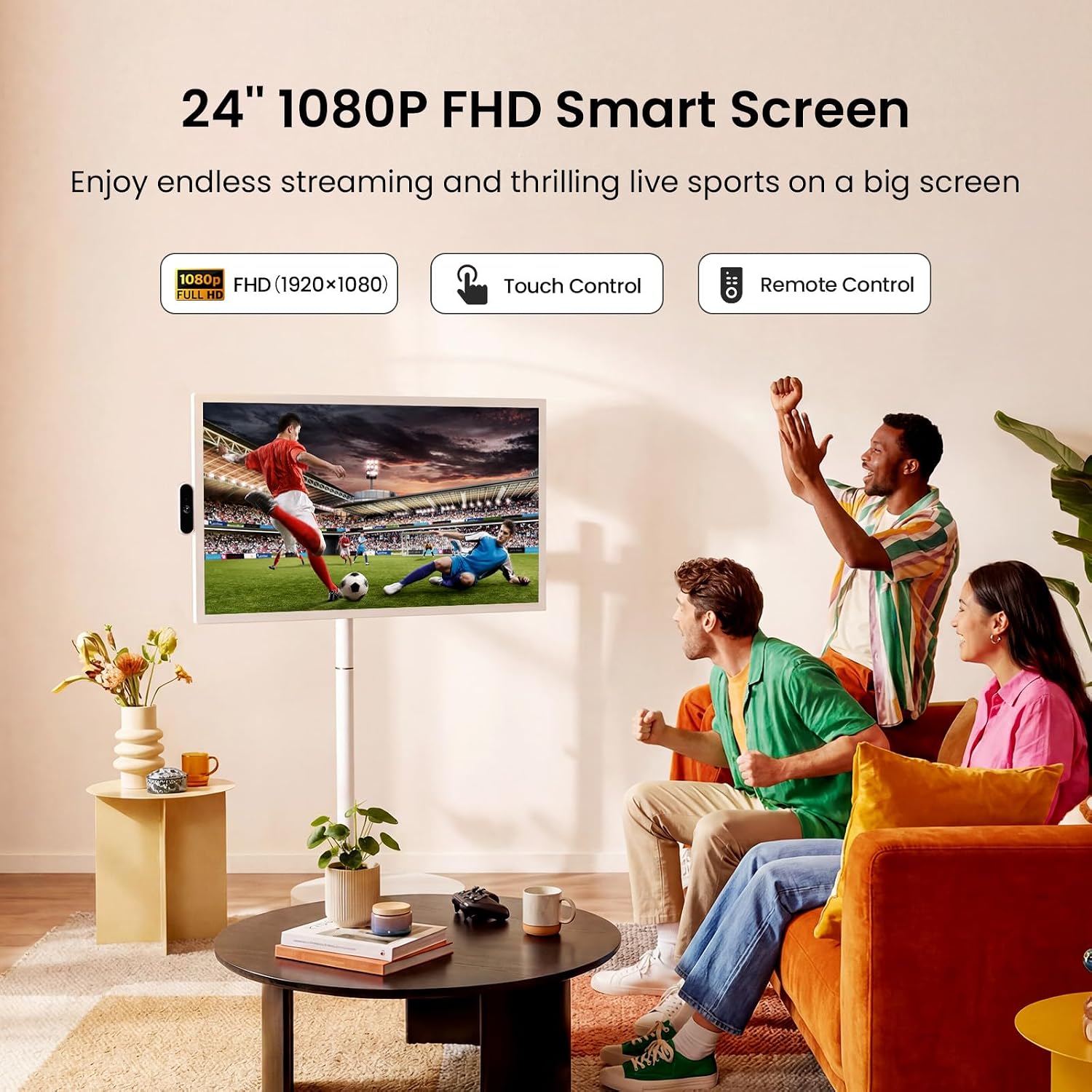 ApoloSign 24 Inch FHD Smart Portable TV on Wheels Android 16 EDLA Certified 128GB Storage Built-in 5200mAh Battery Voice Remote Touchscreen TV with Rolling Stand for Home Office - Gen2