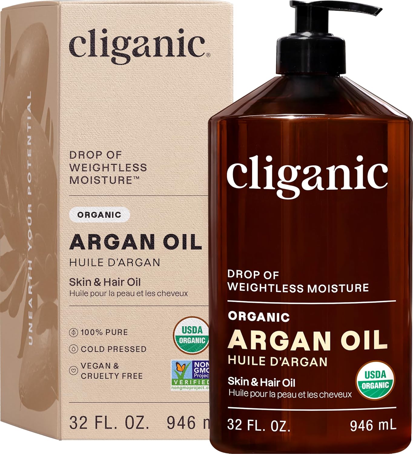 Cliganic Organic Argan Oil for Hair Face & Skin (Bulk 32oz with Pump) - 100% Pure Cold Pressed