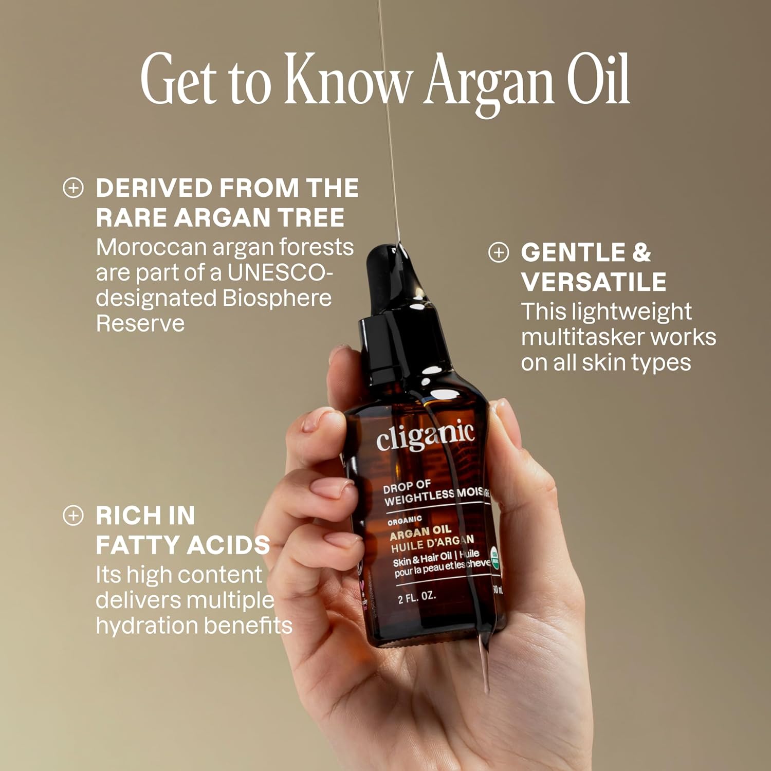 Cliganic Organic Argan Oil for Hair Face & Skin (Bulk 32oz with Pump) - 100% Pure Cold Pressed