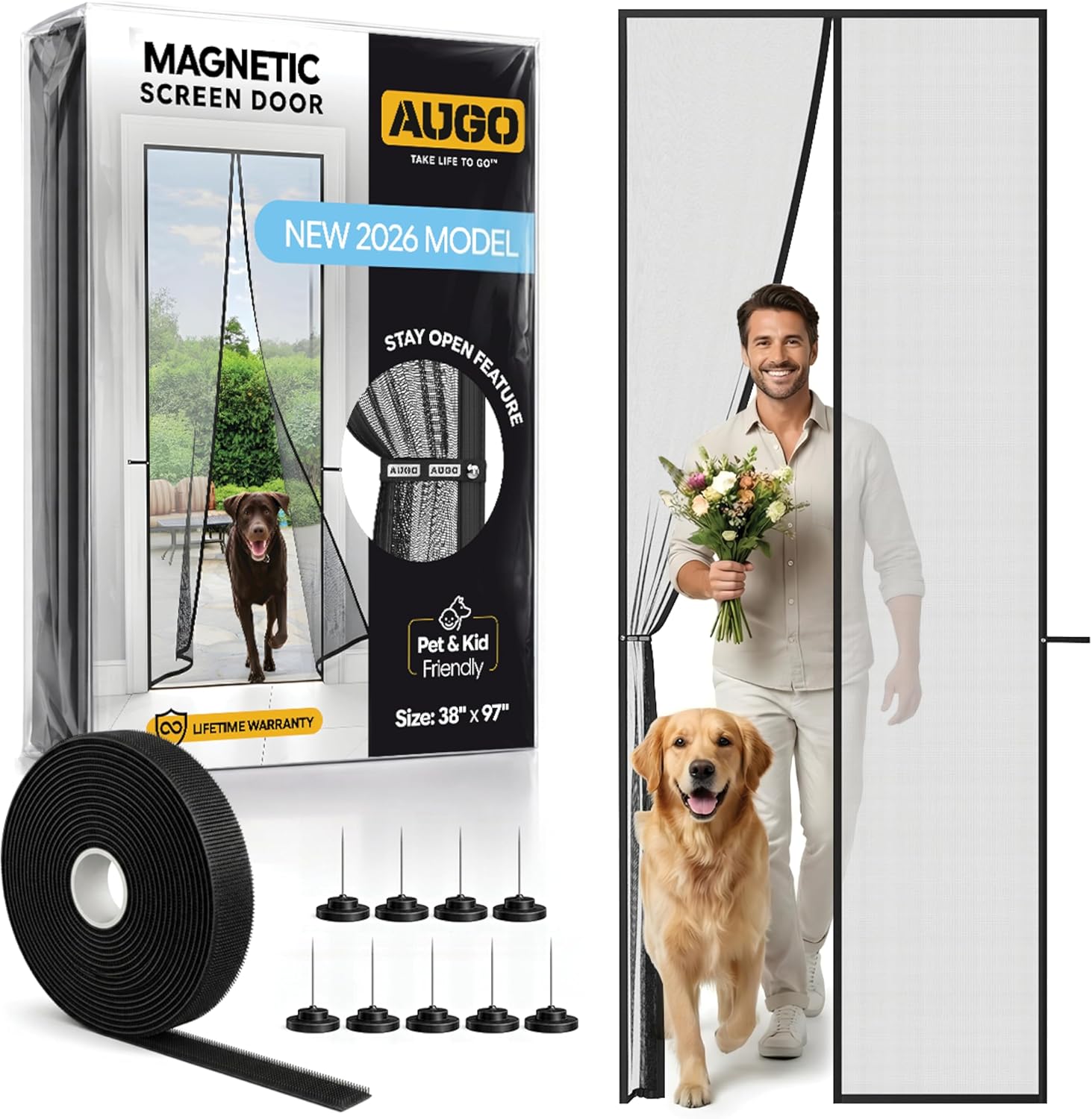 AUGO Magnetic Screen Door - Self Sealing Heavy Duty Hands Free Mesh Partition Keeps Bugs Out - Pet and Kid Friendly - Patent Pending Keep Open Feature - 38 Inch x 97 Inch