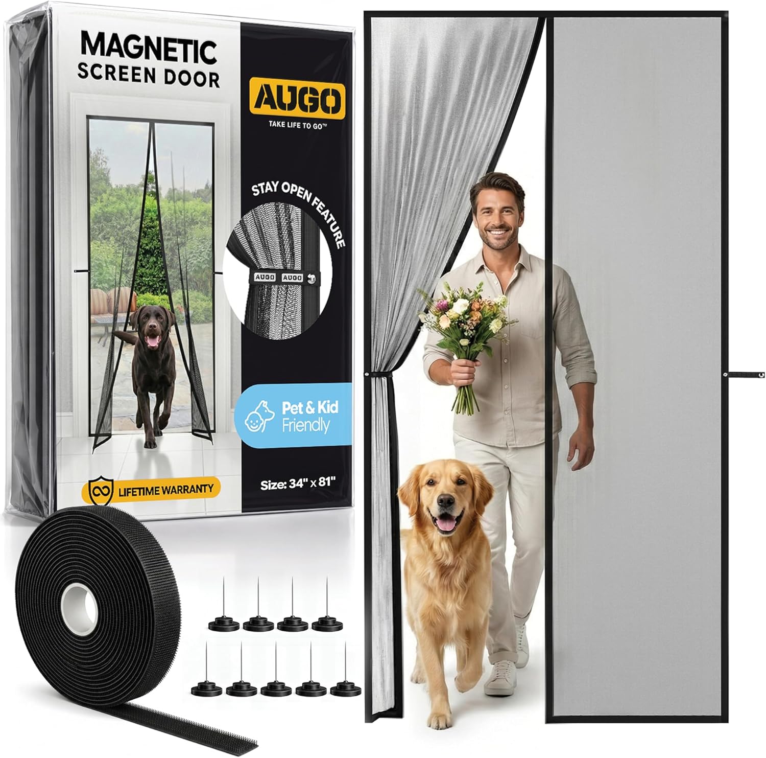 AUGO Magnetic Screen Door - Self Sealing Heavy Duty Hands Free Mesh Partition Keeps Bugs Out - Pet and Kid Friendly - Patent Pending Keep Open Feature - 34 Inch x 81 Inch