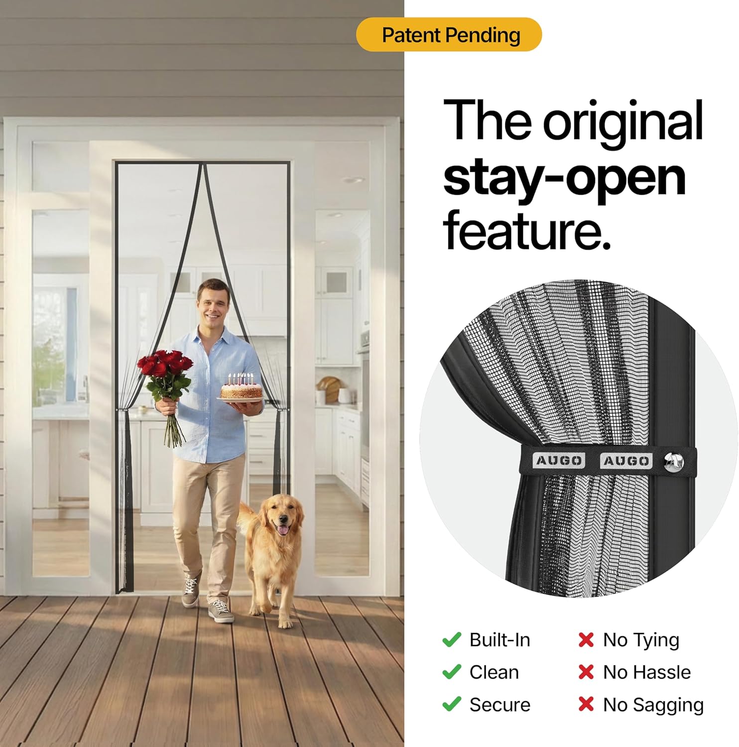 AUGO Magnetic Screen Door - Self Sealing Heavy Duty Hands Free Mesh Partition Keeps Bugs Out - Pet and Kid Friendly - Patent Pending Keep Open Feature - 38 Inch x 97 Inch
