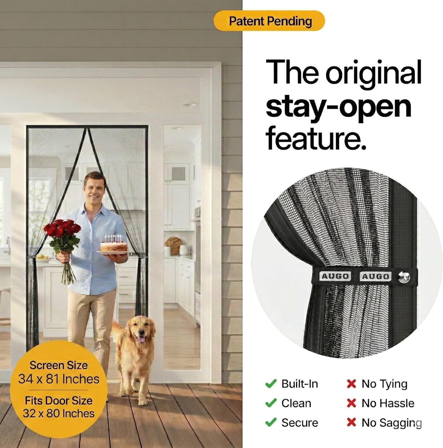 AUGO Magnetic Screen Door - Self Sealing Heavy Duty Hands Free Mesh Partition Keeps Bugs Out - Pet and Kid Friendly - Patent Pending Keep Open Feature - 34 Inch x 81 Inch