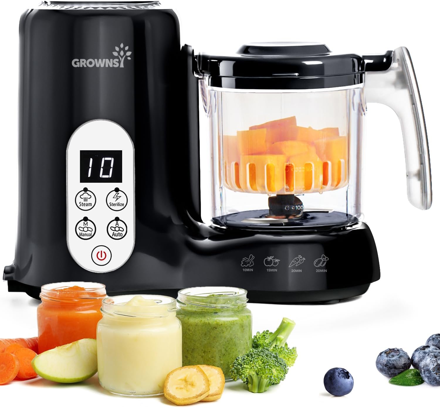 Grownsy Baby Food Maker with Steam Basket One Step Baby Food Processor Steamer Puree Blender Grinder Mills Machine Auto Cooking Grinding and Sterili-zing for Healthy Homemade Baby Food Black