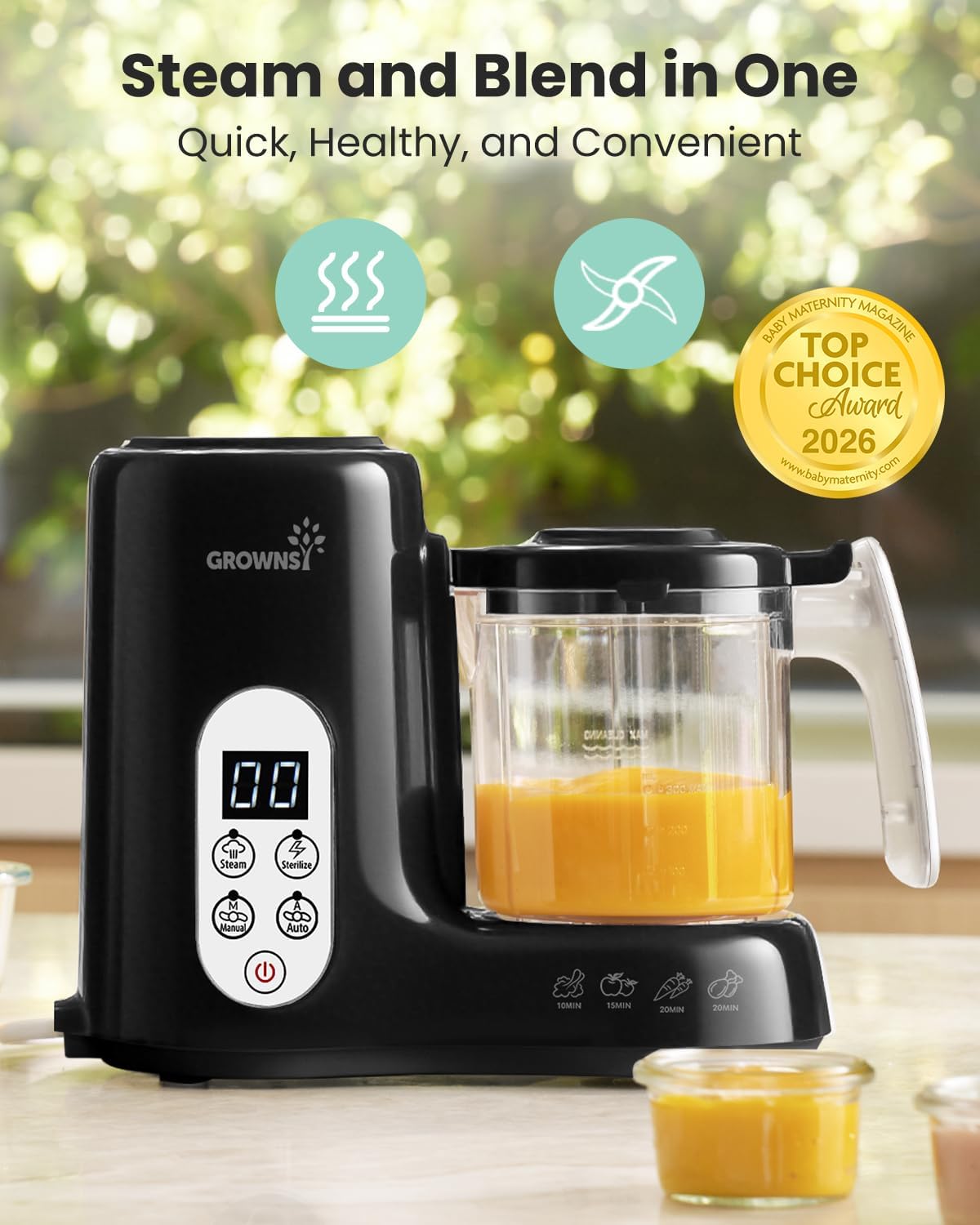 Grownsy Baby Food Maker with Steam Basket One Step Baby Food Processor Steamer Puree Blender Grinder Mills Machine Auto Cooking Grinding and Sterili-zing for Healthy Homemade Baby Food Black