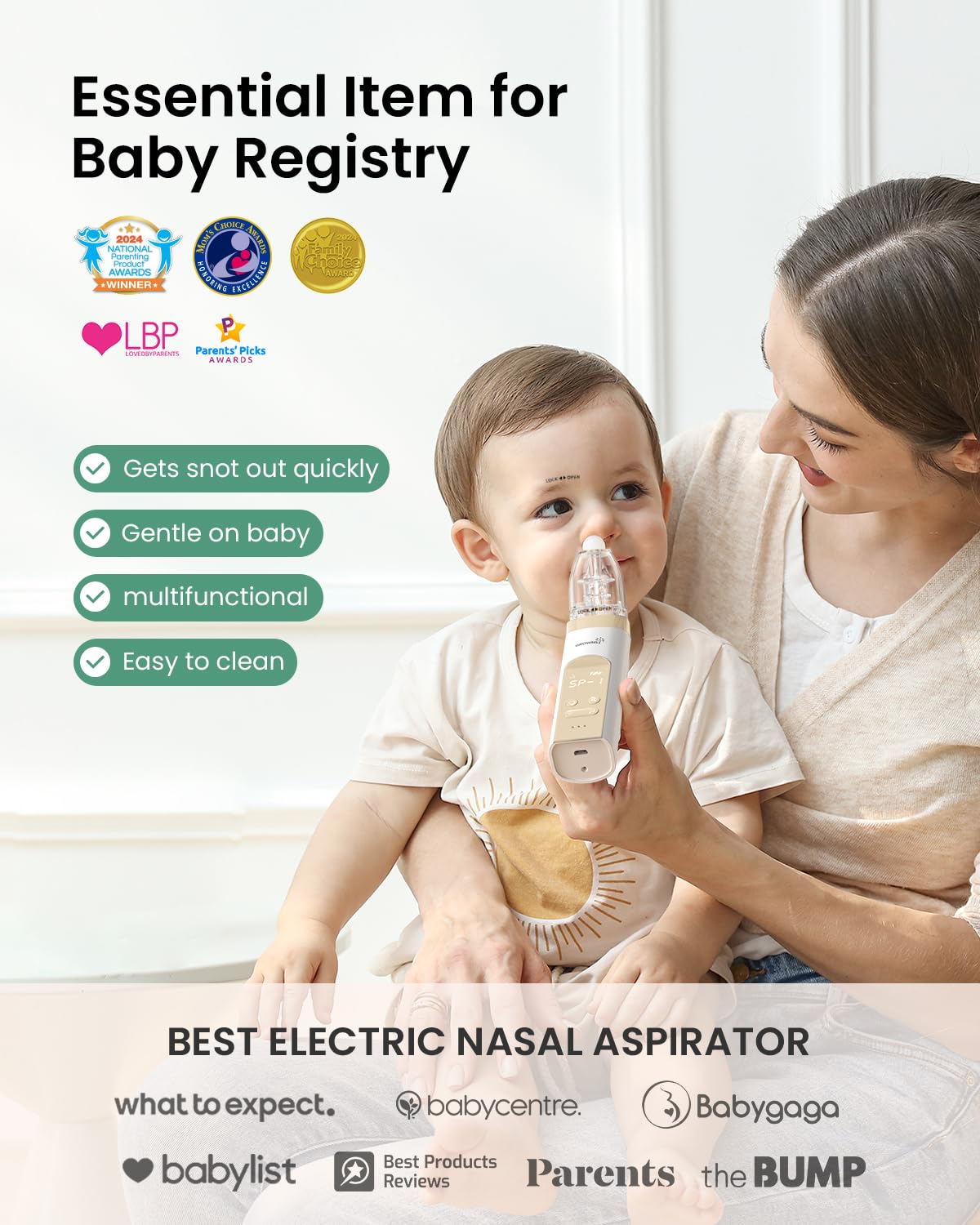 GROWNSY Nasal Aspirator for Baby Electric Baby Nose Sucker Automatic Nose Cleaner with Larger Suction Chamber and More Powerful Suction Music and Light Soothing Function Beige
