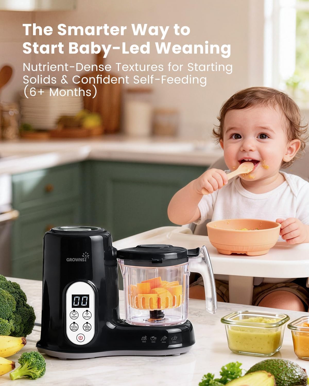 Grownsy Baby Food Maker with Steam Basket One Step Baby Food Processor Steamer Puree Blender Grinder Mills Machine Auto Cooking Grinding and Sterili-zing for Healthy Homemade Baby Food Black