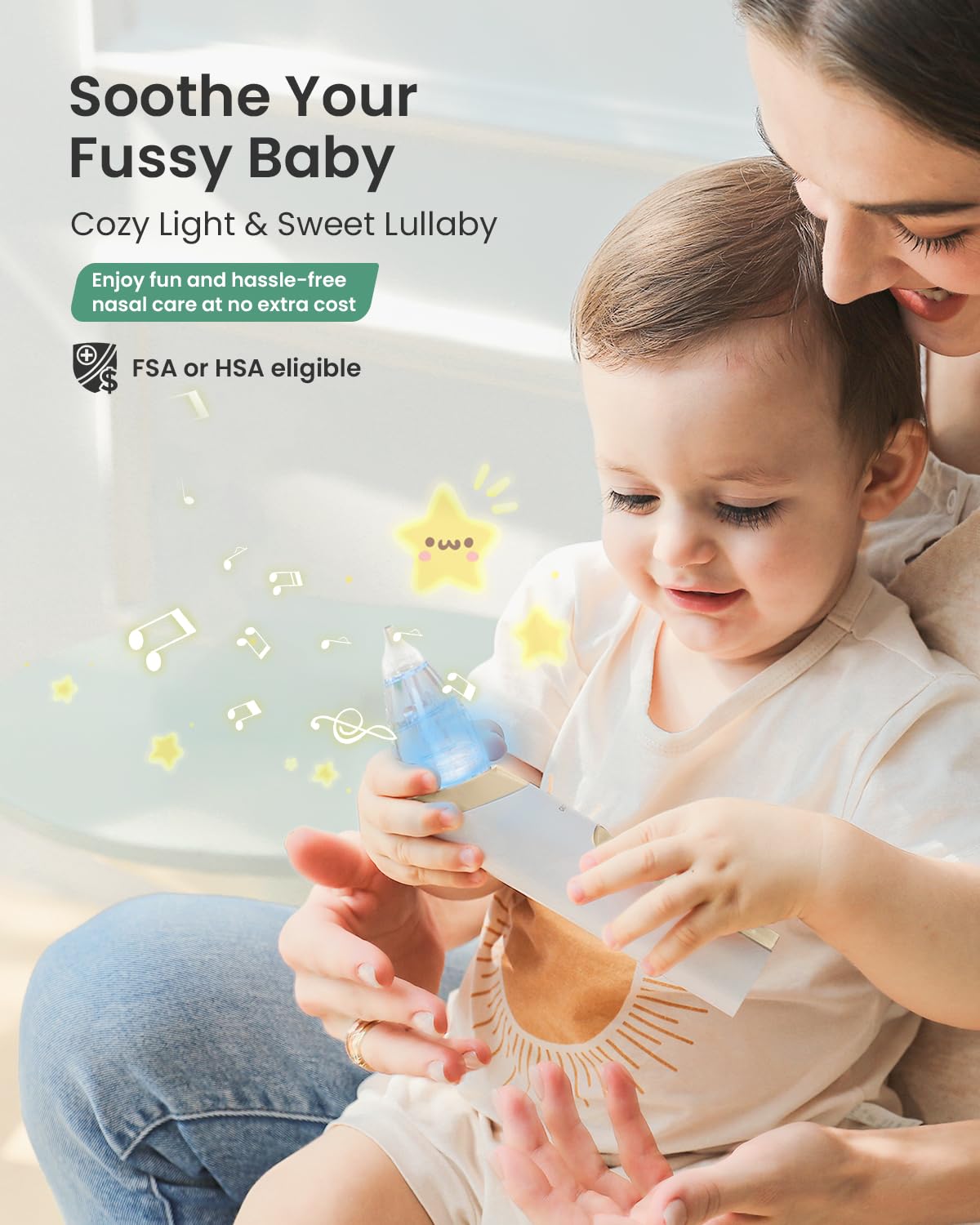 GROWNSY Nasal Aspirator for Baby Electric Baby Nose Sucker Automatic Nose Cleaner with Larger Suction Chamber and More Powerful Suction Music and Light Soothing Function Beige