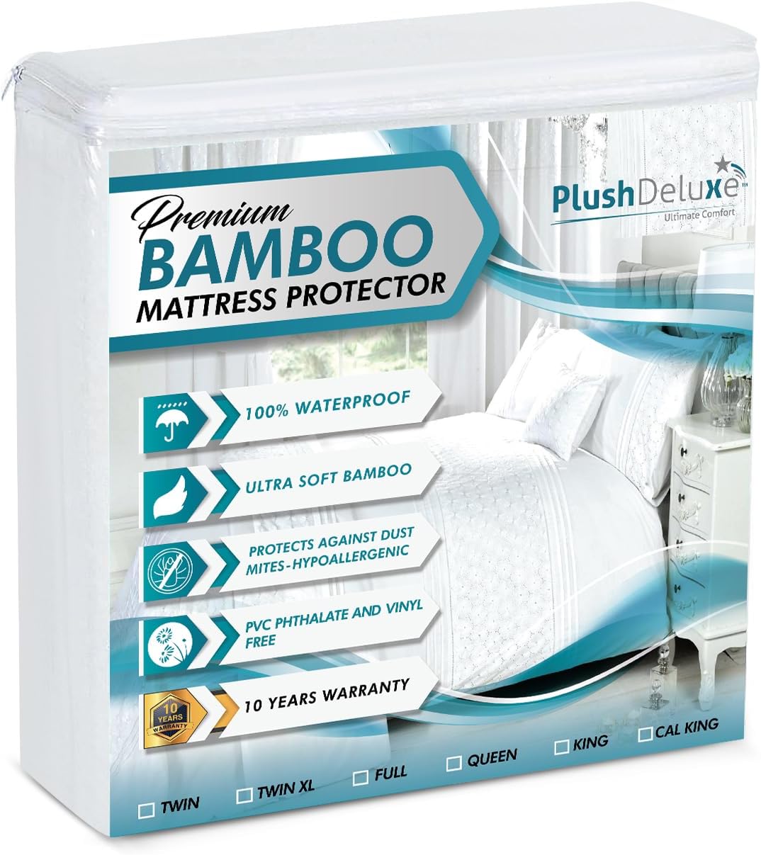 PlushDeluxe Premium Bamboo Mattress Protector – Queen Size, Waterproof, & Ultra Soft Breathable Noiseless Washable Bed Mattress Cover for Comfort & Protection