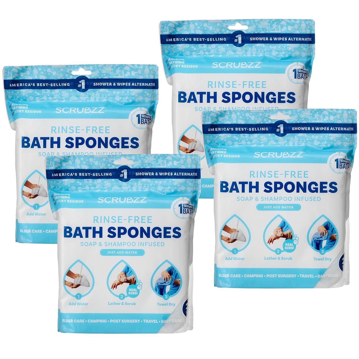 Scrubzz Disposable No Rinse Bathing Wipes - All-in-1 Single Use Shower Wipes