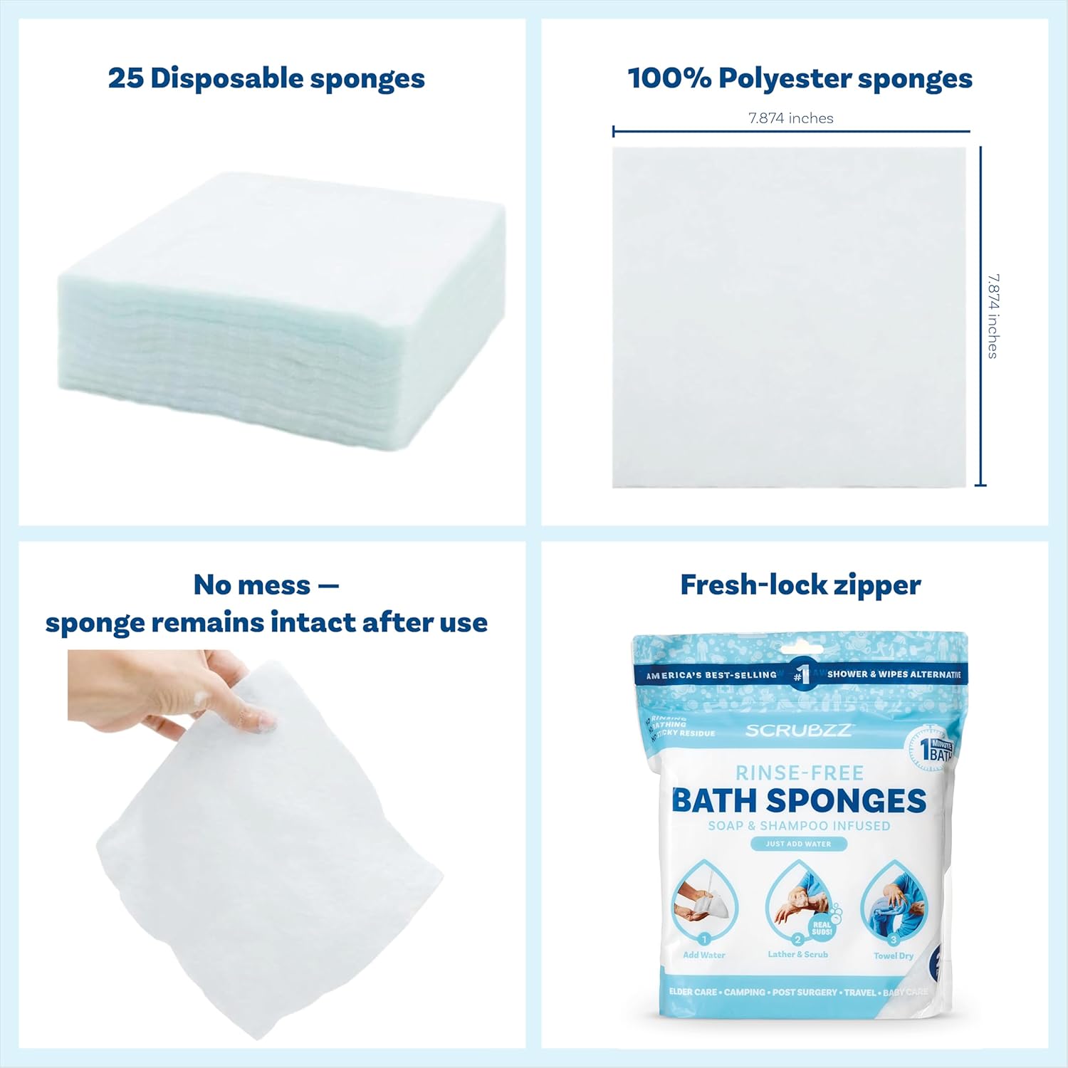 Scrubzz Disposable No Rinse Bathing Wipes - All-in-1 Single Use Shower Wipes