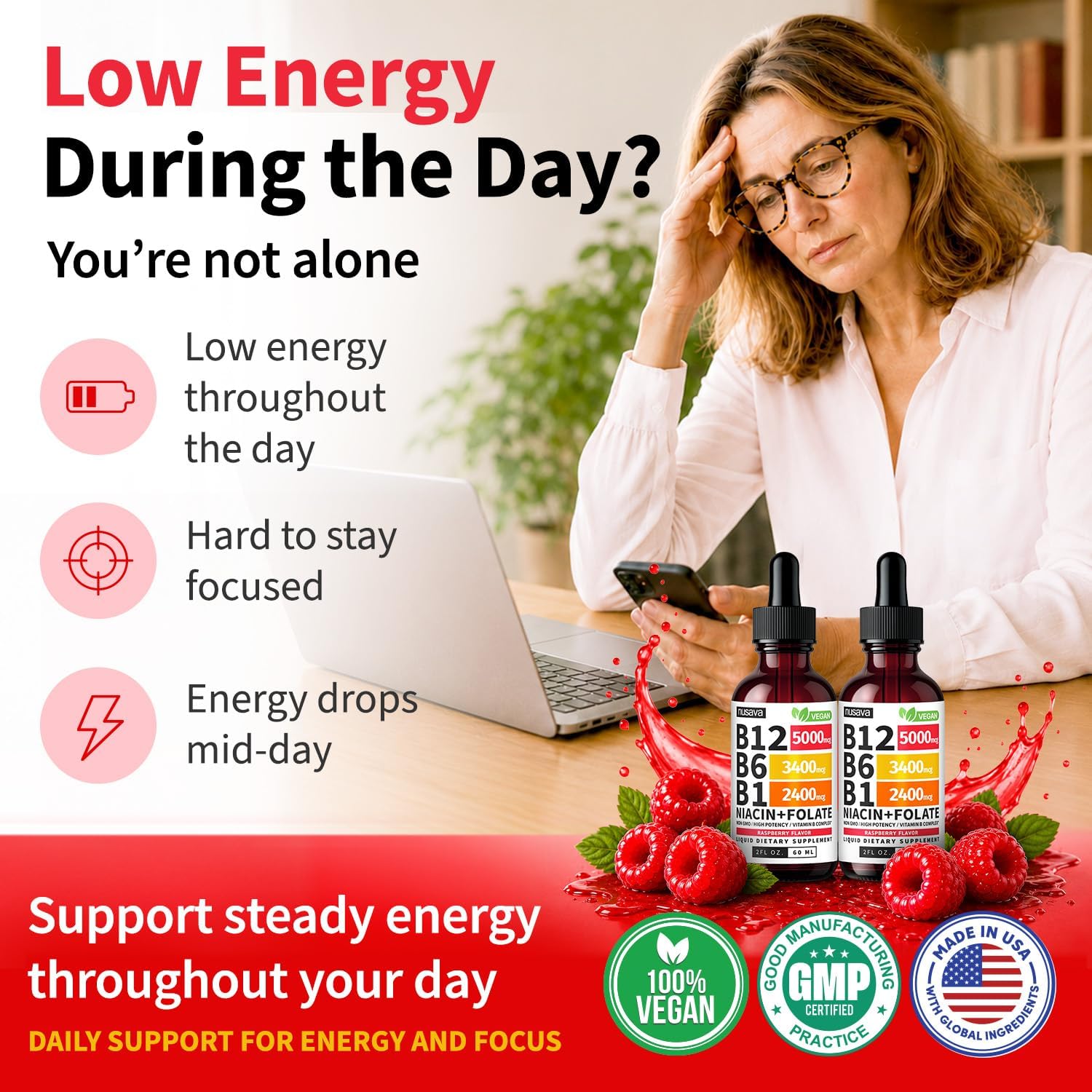 NUSAVA (2 Pack) Vitamin B12 Liquid Drops with B6, B1, Niacin & Folate