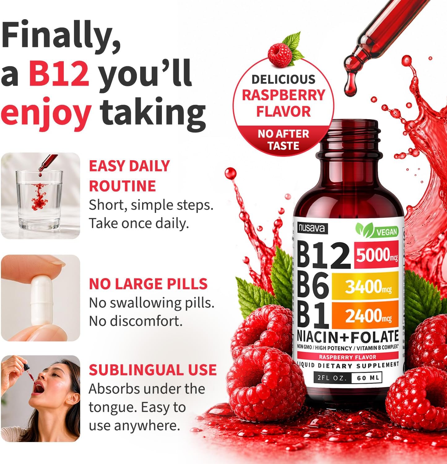 NUSAVA (2 Pack) Vitamin B12 Liquid Drops with B6, B1, Niacin & Folate