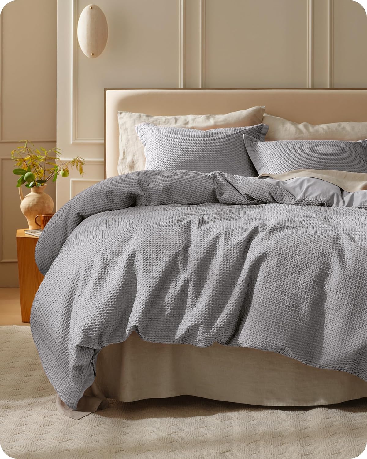 Bedsure Cotton Duvet Cover Queen - 100% Cotton Waffle Weave Grey Duvet Cover Queen Size PureWoven Breathable Bedding Set for All Season 3 Pieces 90"x90"