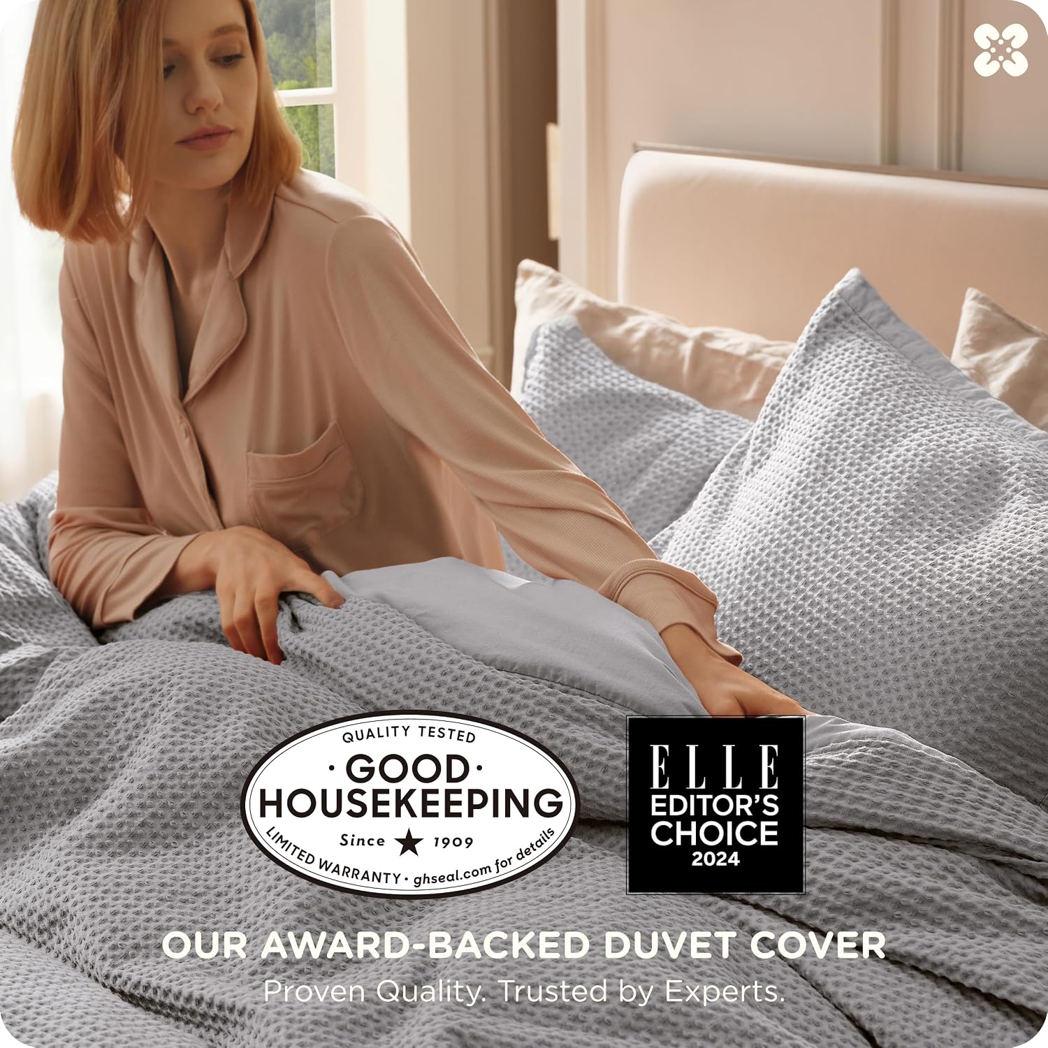 Bedsure Cotton Duvet Cover Queen - 100% Cotton Waffle Weave Grey Duvet Cover Queen Size PureWoven Breathable Bedding Set for All Season 3 Pieces 90"x90"